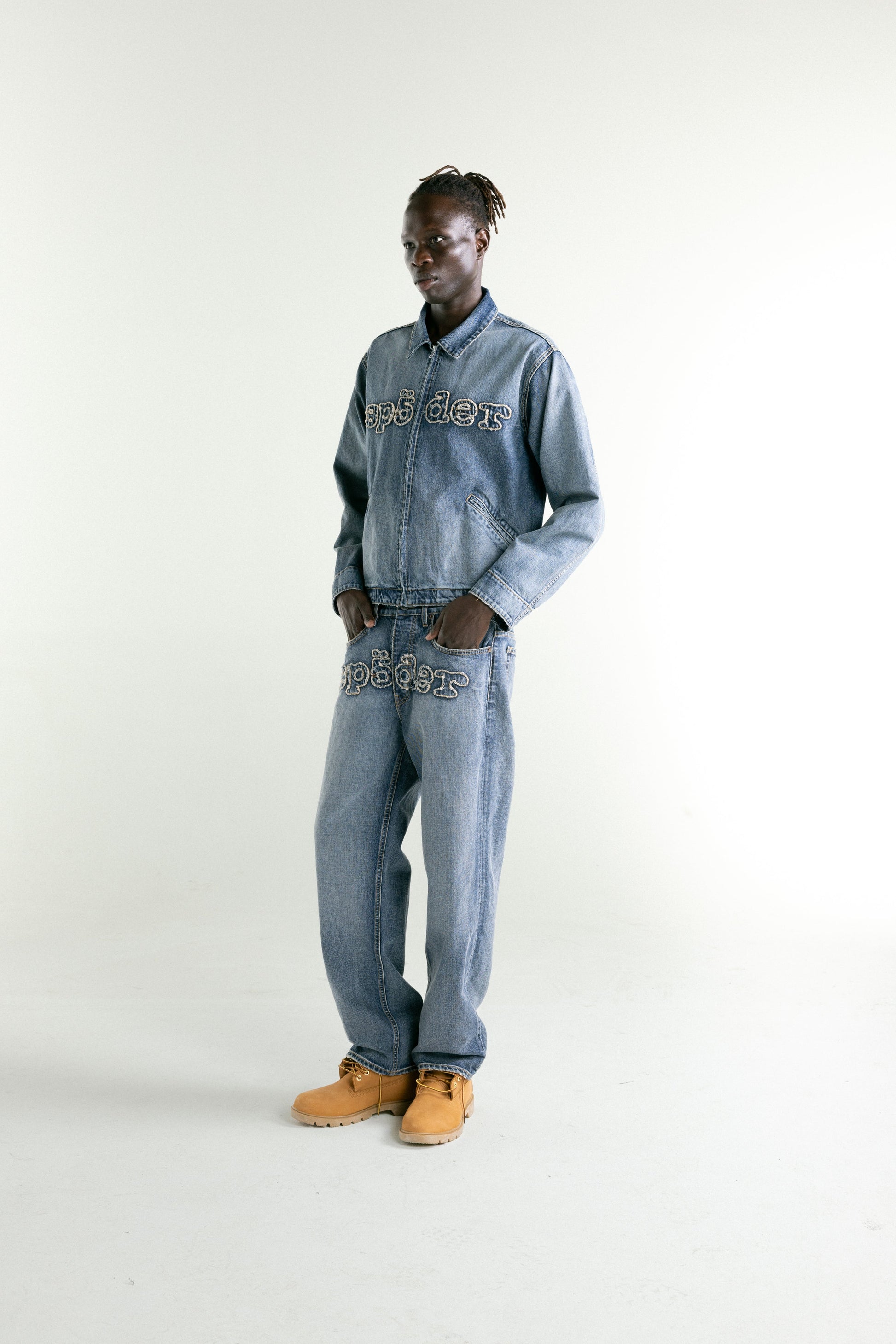 LIGHT BLUE WASH DENIM WORK JACKET ON MODEL