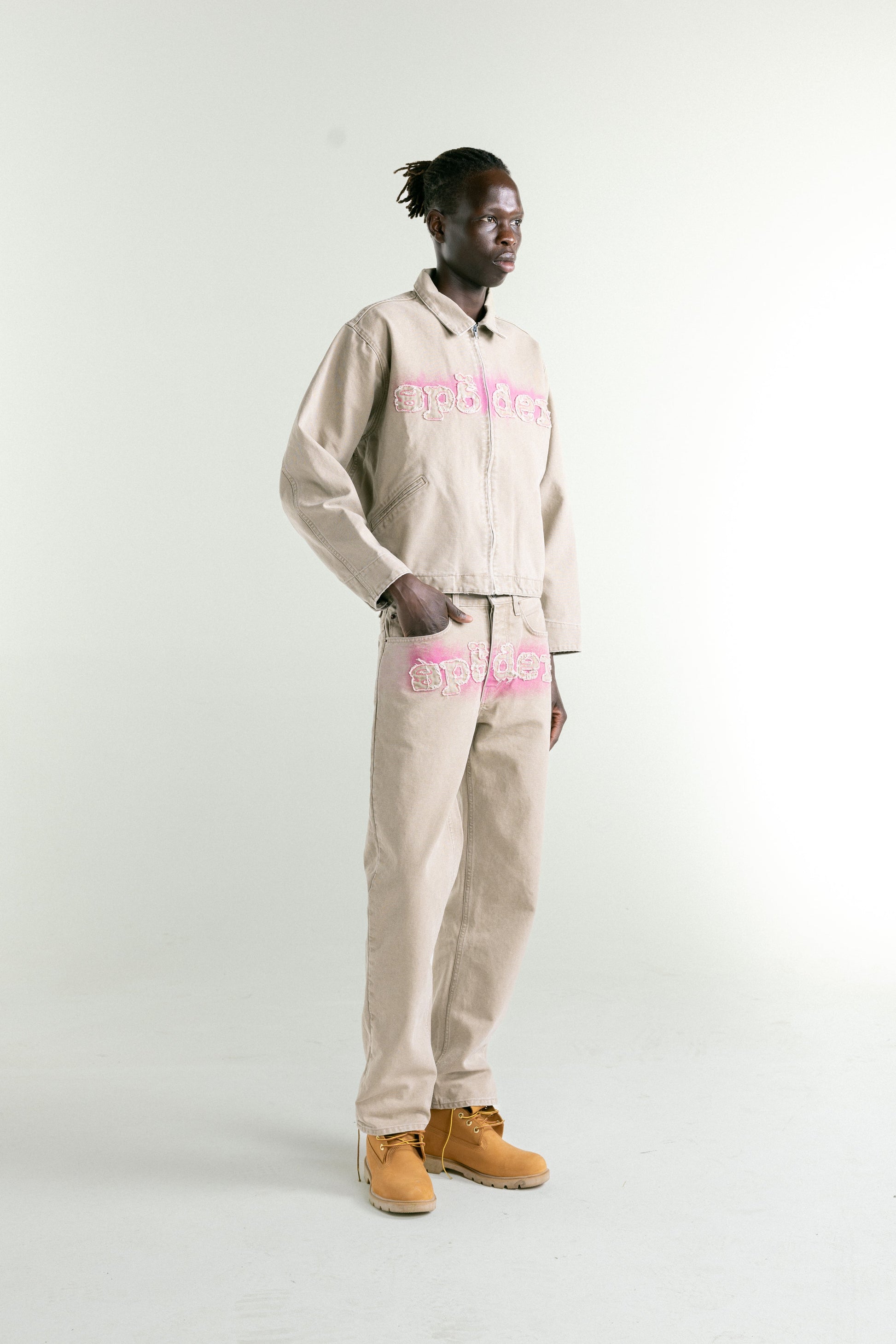 TAN CANVAS WORK JACKET ON MODEL