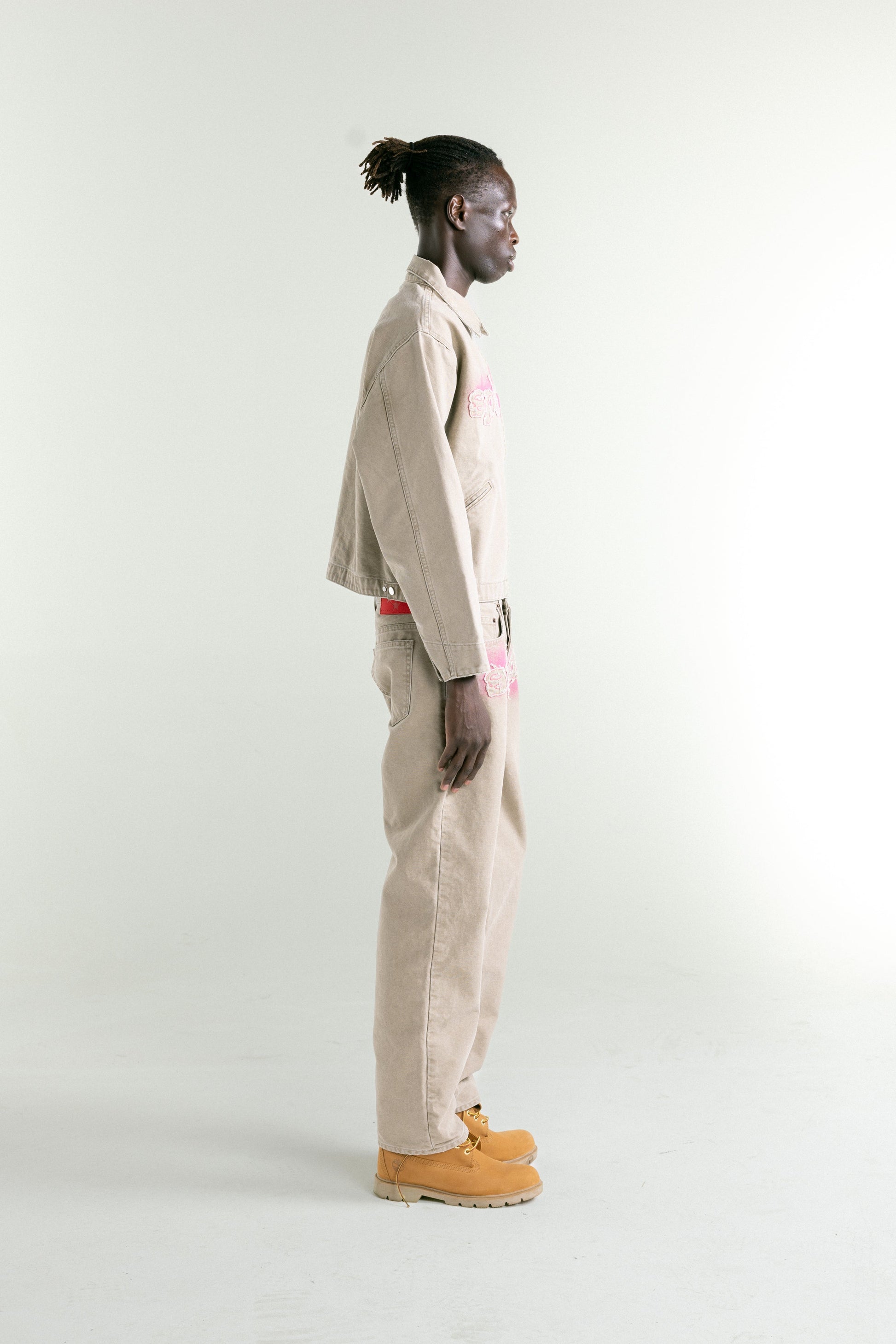 TAN CANVAS WORK JACKET ON MODEL