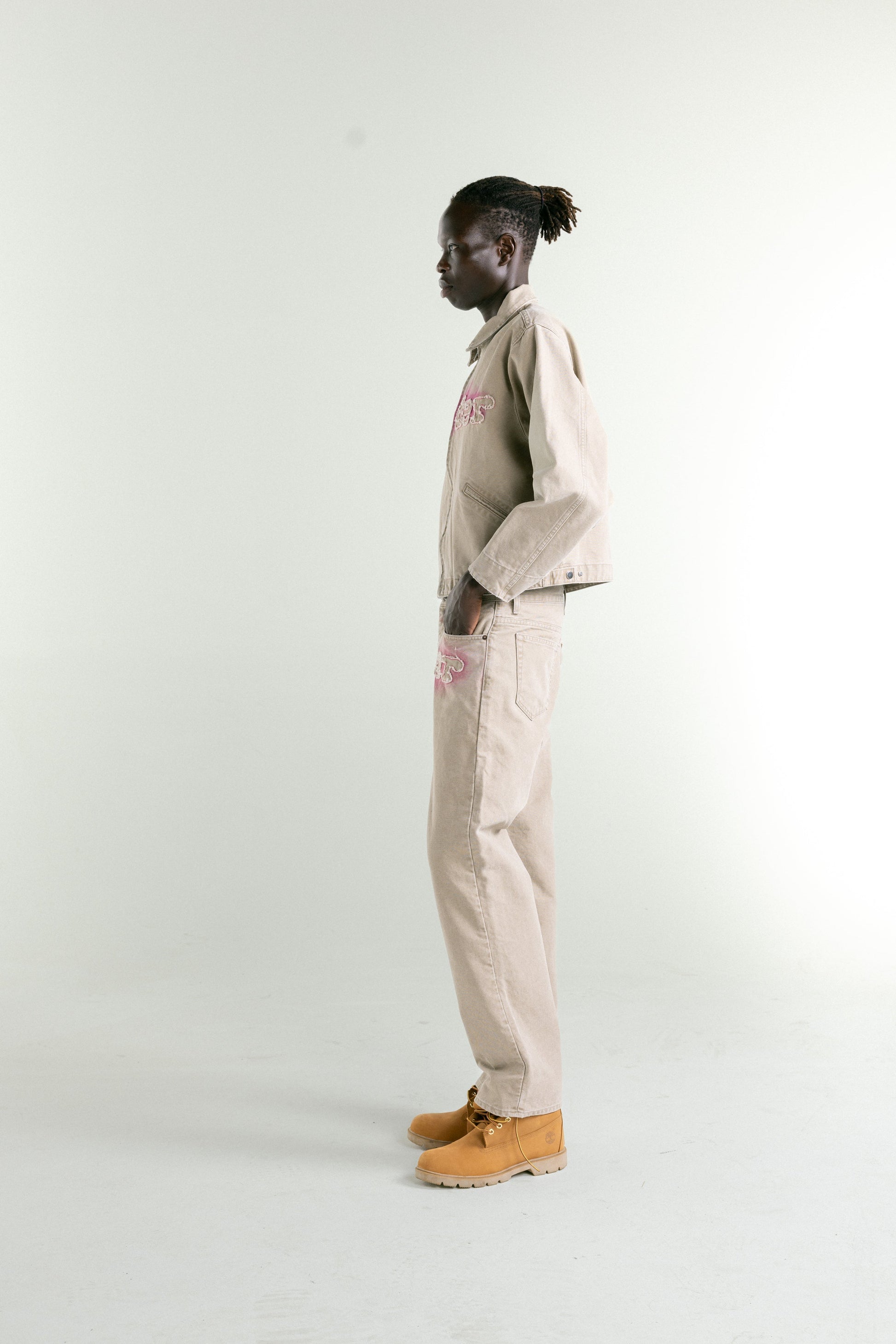 TAN CANVAS WORK JACKET ON MODEL