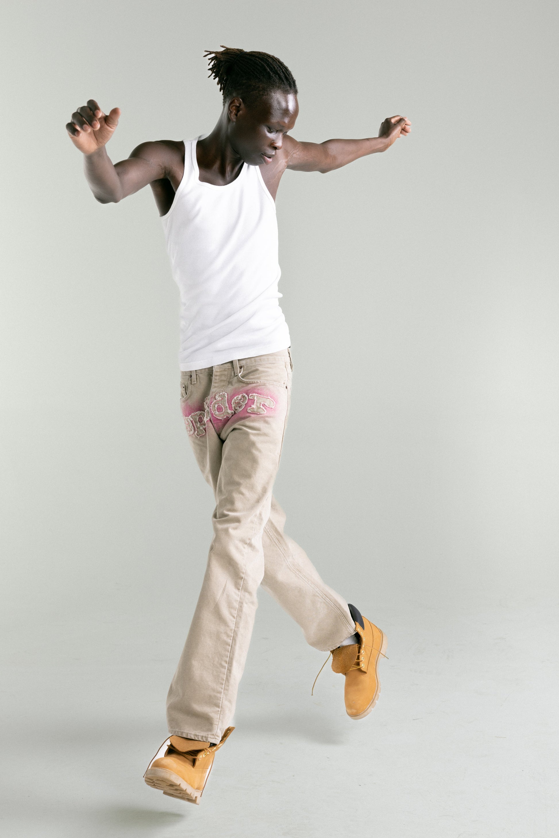 TAN CANVAS WORK PANT ON MODEL