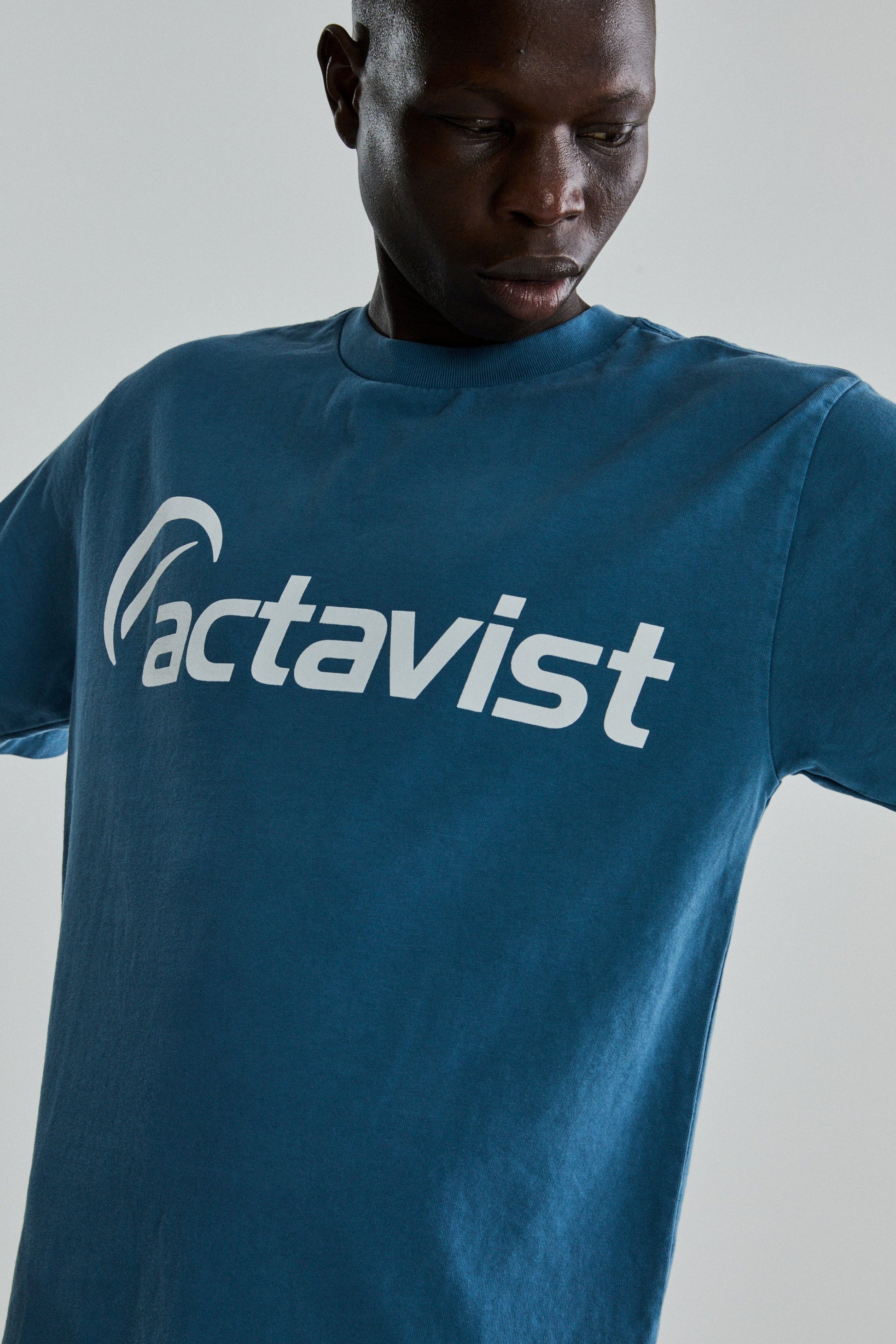 DUSTY BLUE ACTAVIST TEE ON MODEL
