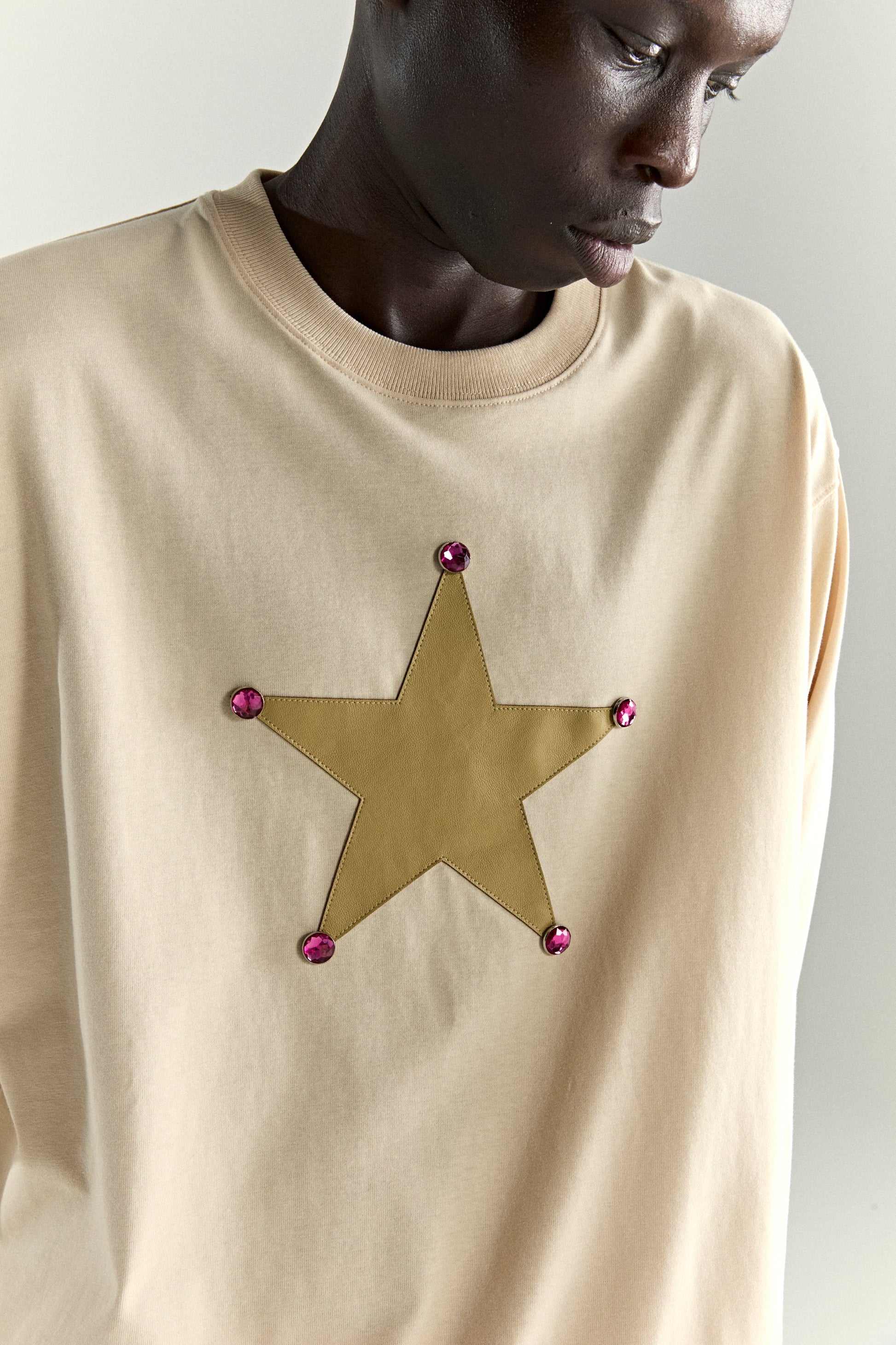 CREAM PORNSTAR LONGSLEEVE TEE ON MODEL