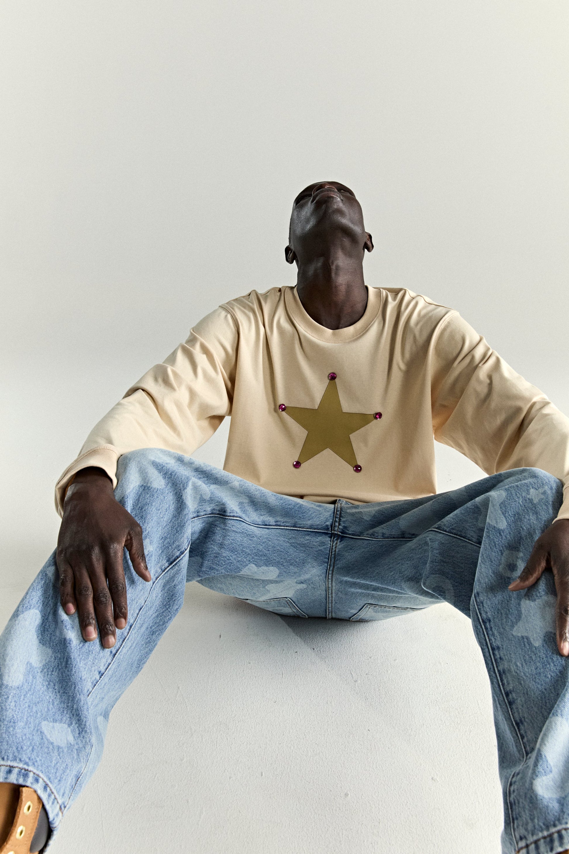 CREAM PORNSTAR LONGSLEEVE TEE ON MODEL