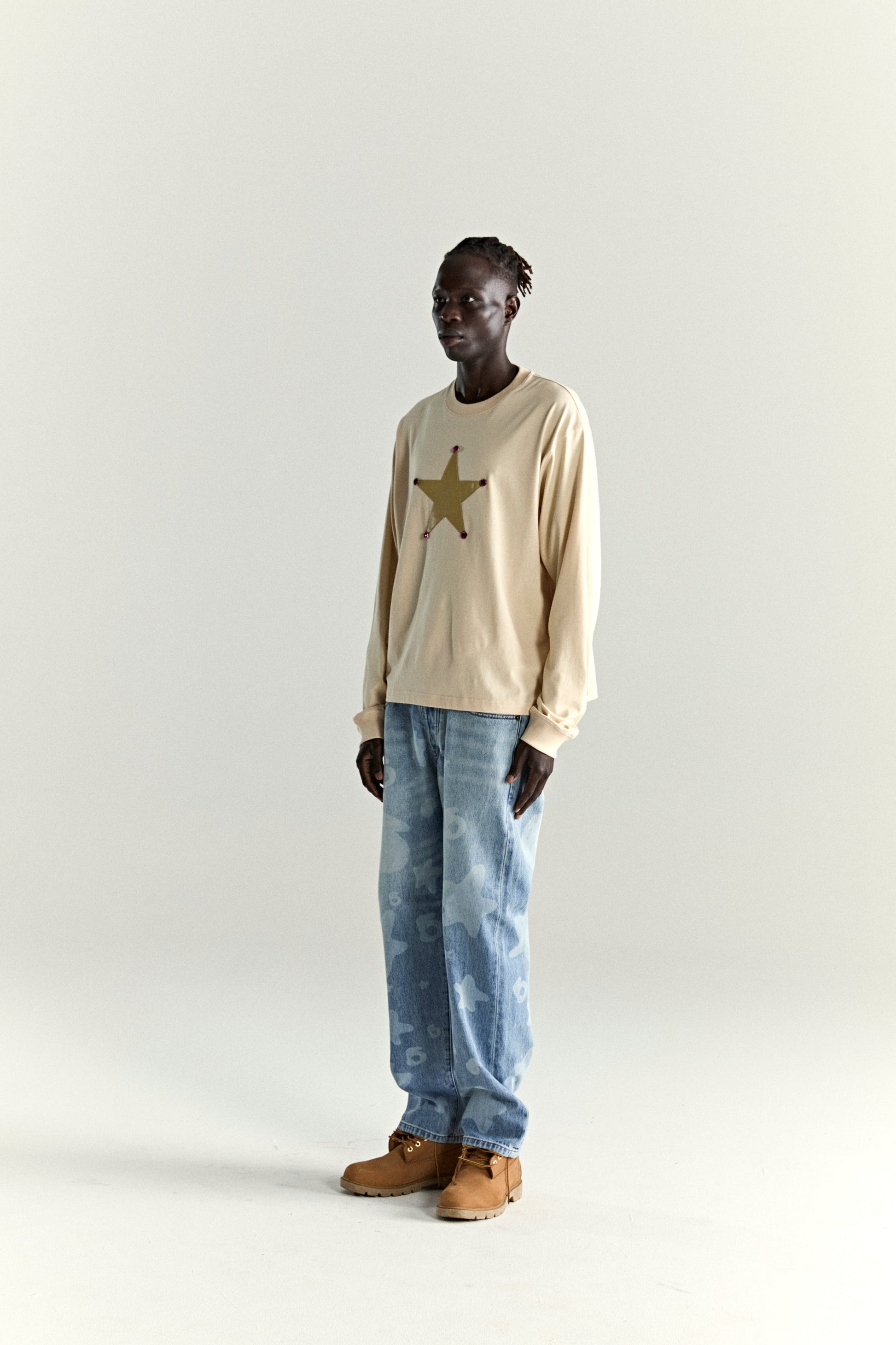 CREAM PORNSTAR LONGSLEEVE TEE ON MODEL