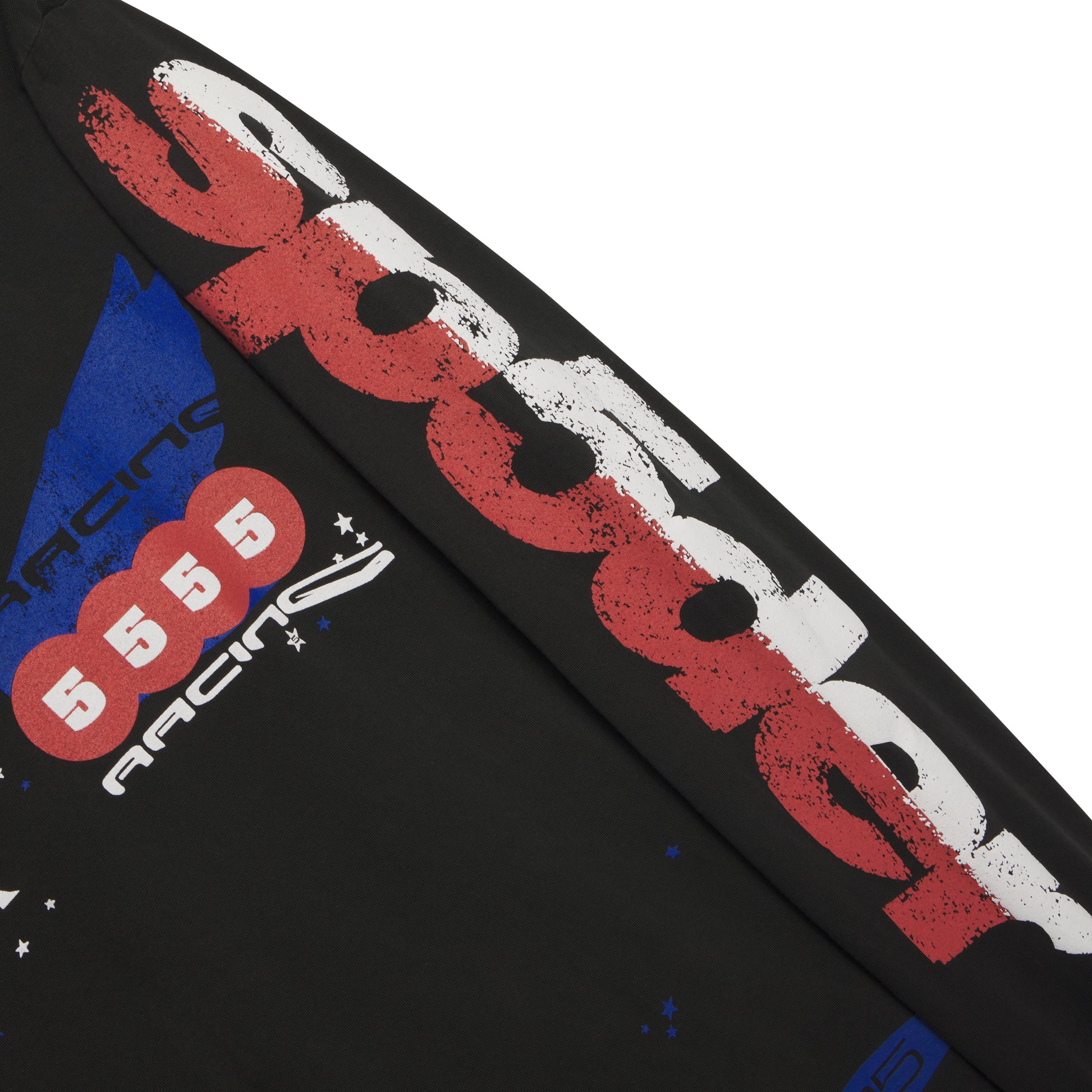 Black 100% cotton long sleeve tee with red, white, and blue racing graphic print on sleeves.