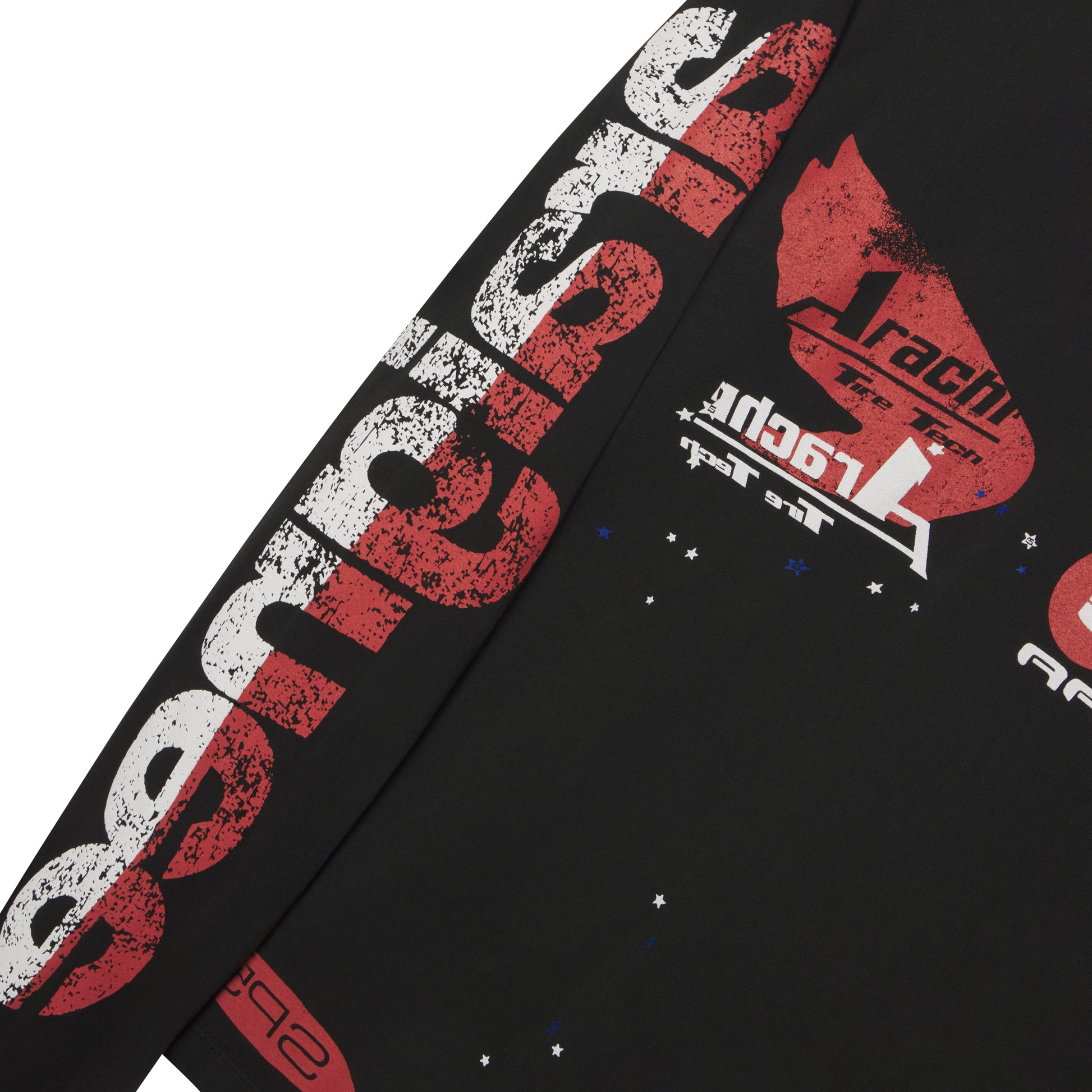 Black cotton long sleeve tee with distressed red and white graphic print on sleeve and front.