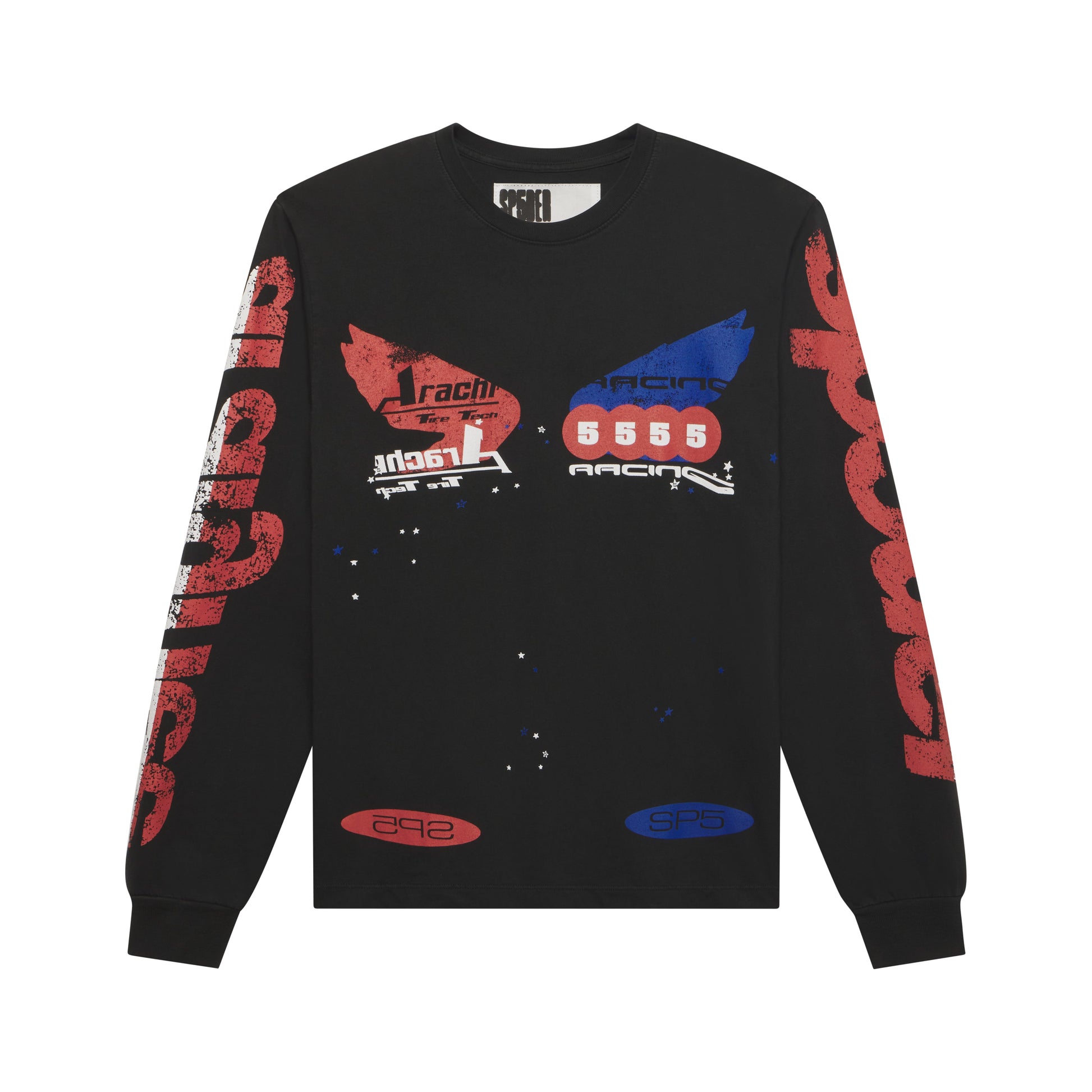 Black 100% cotton long sleeve tee with red and blue graphic print on front and sleeves.