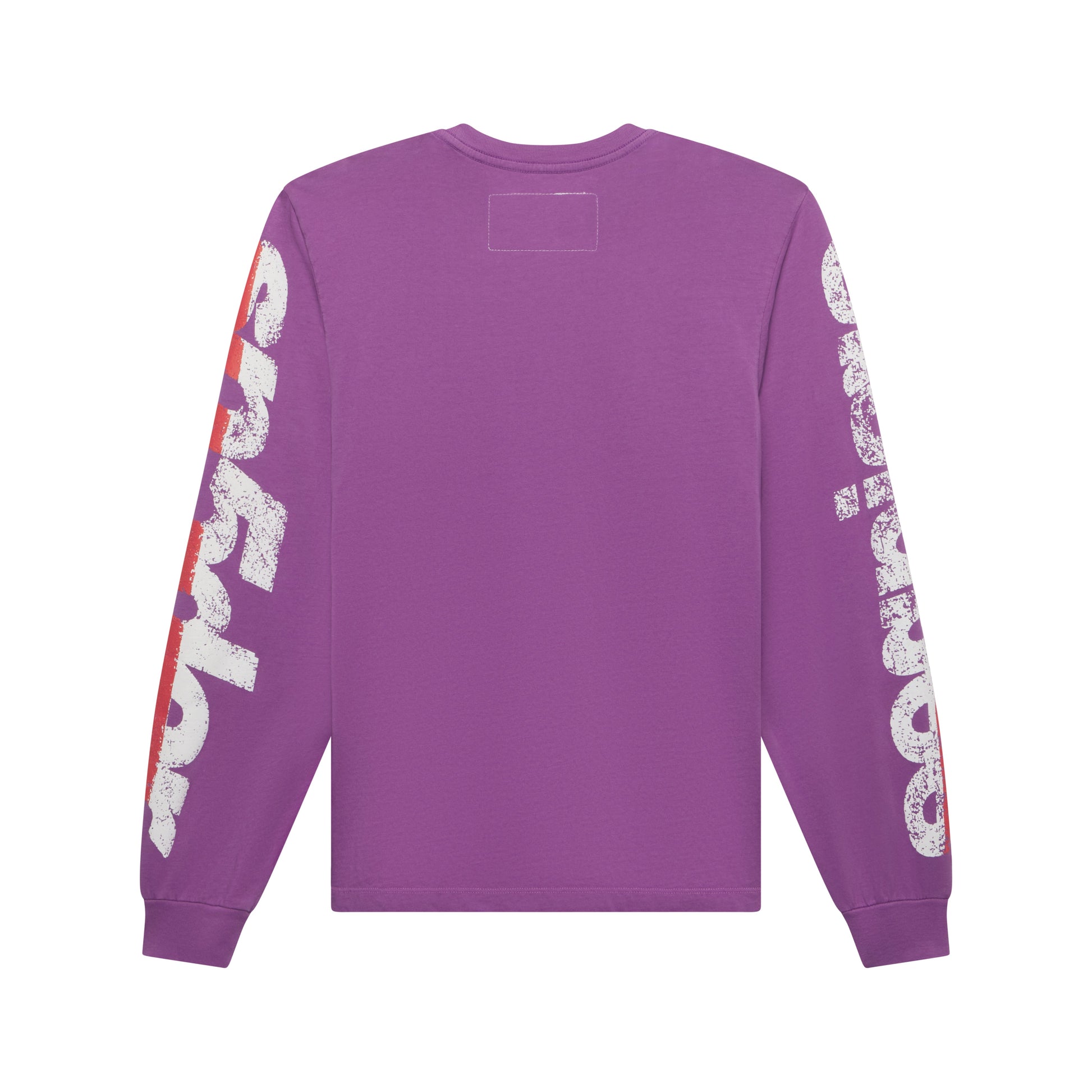 Purple 100% cotton long sleeve tee with distressed white and red graphic print on sleeves.