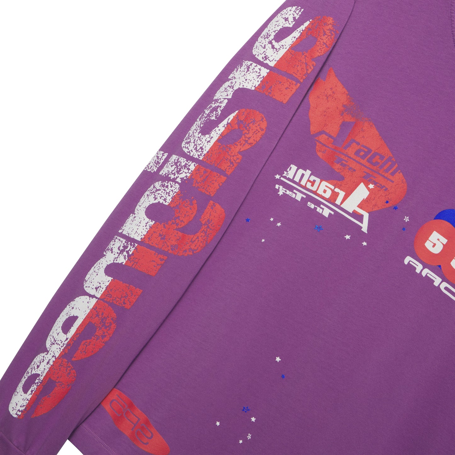 Purple cotton long sleeve tee with distressed red and white graphic print on front and sleeves.