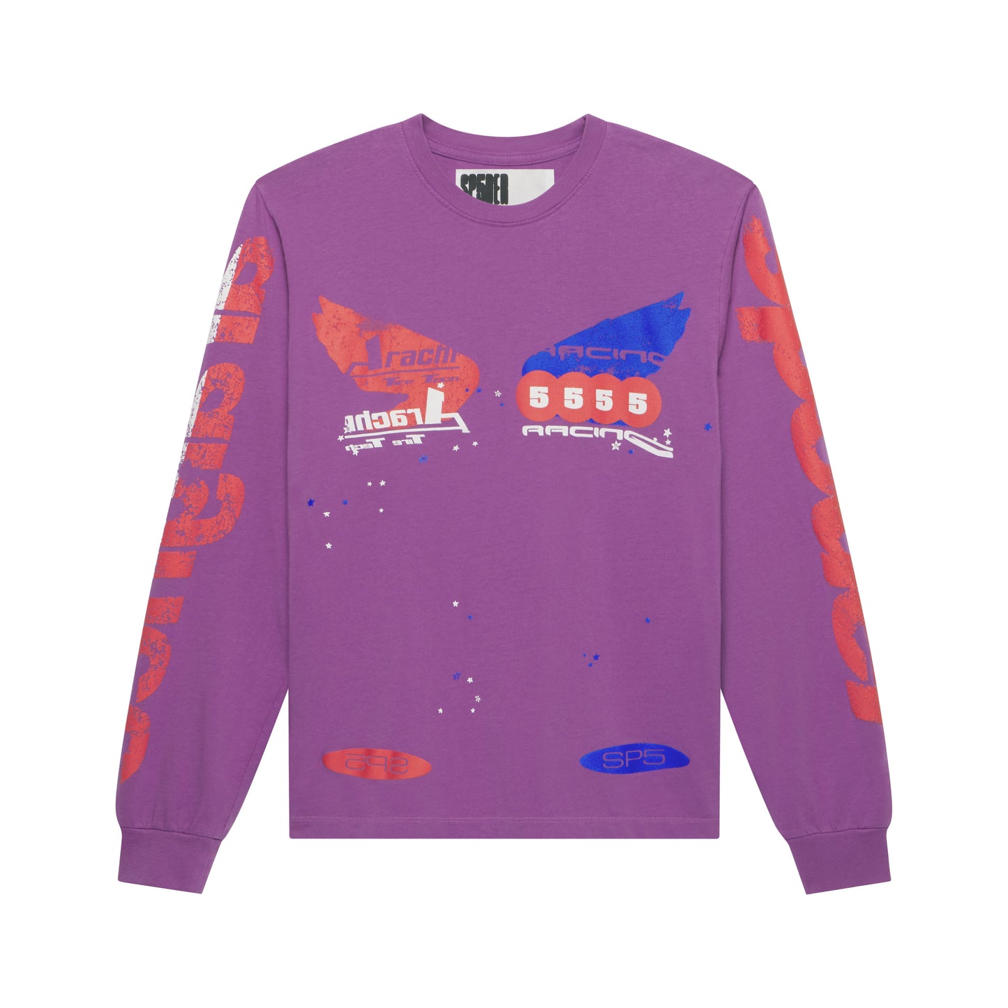 Purple cotton long sleeve tee with red, blue, and white racing graphic print on front and sleeves.
