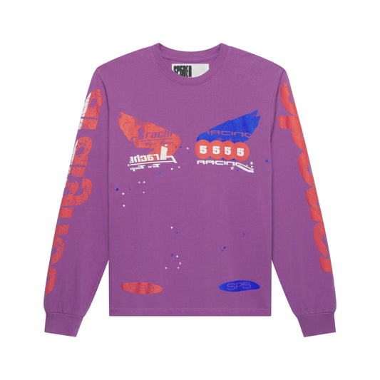 Purple cotton long sleeve tee with red, blue, and white racing graphic print on front and sleeves.