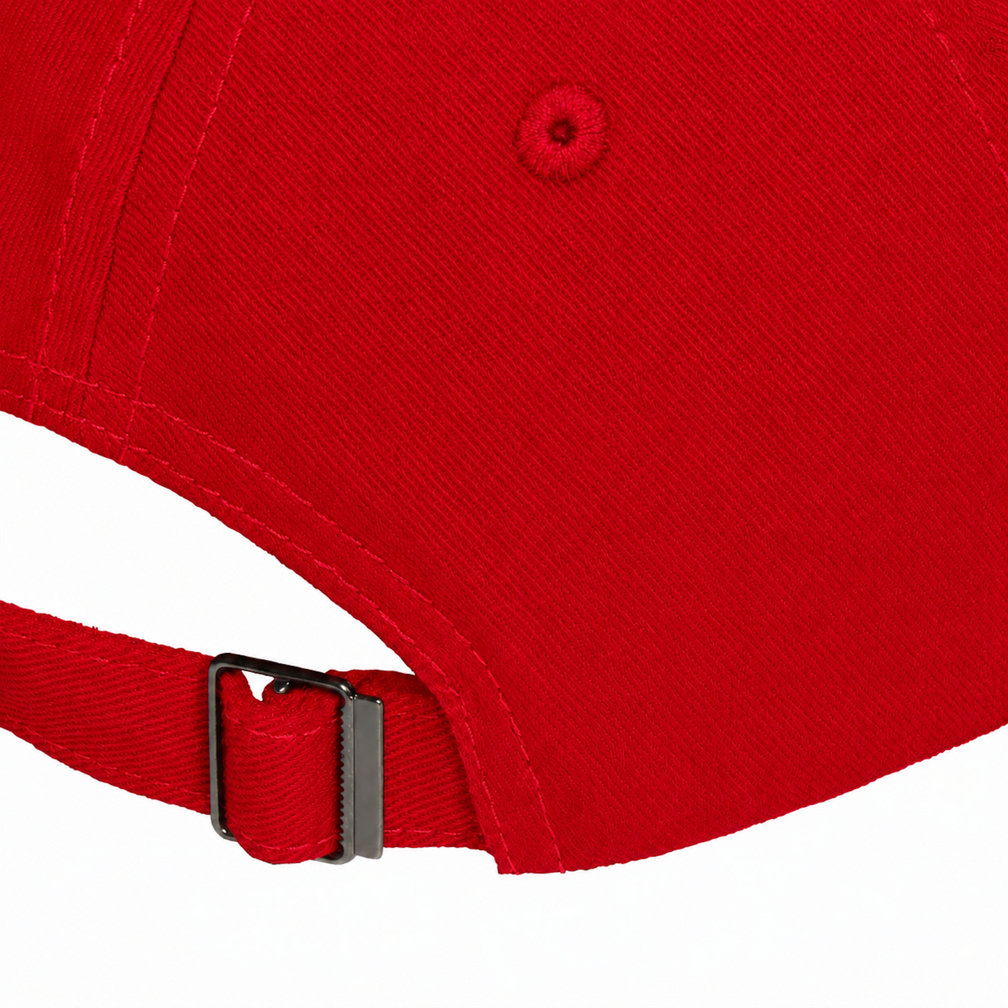 Bright red baseball cap with paneled construction and an adjustable metal back strap closure.