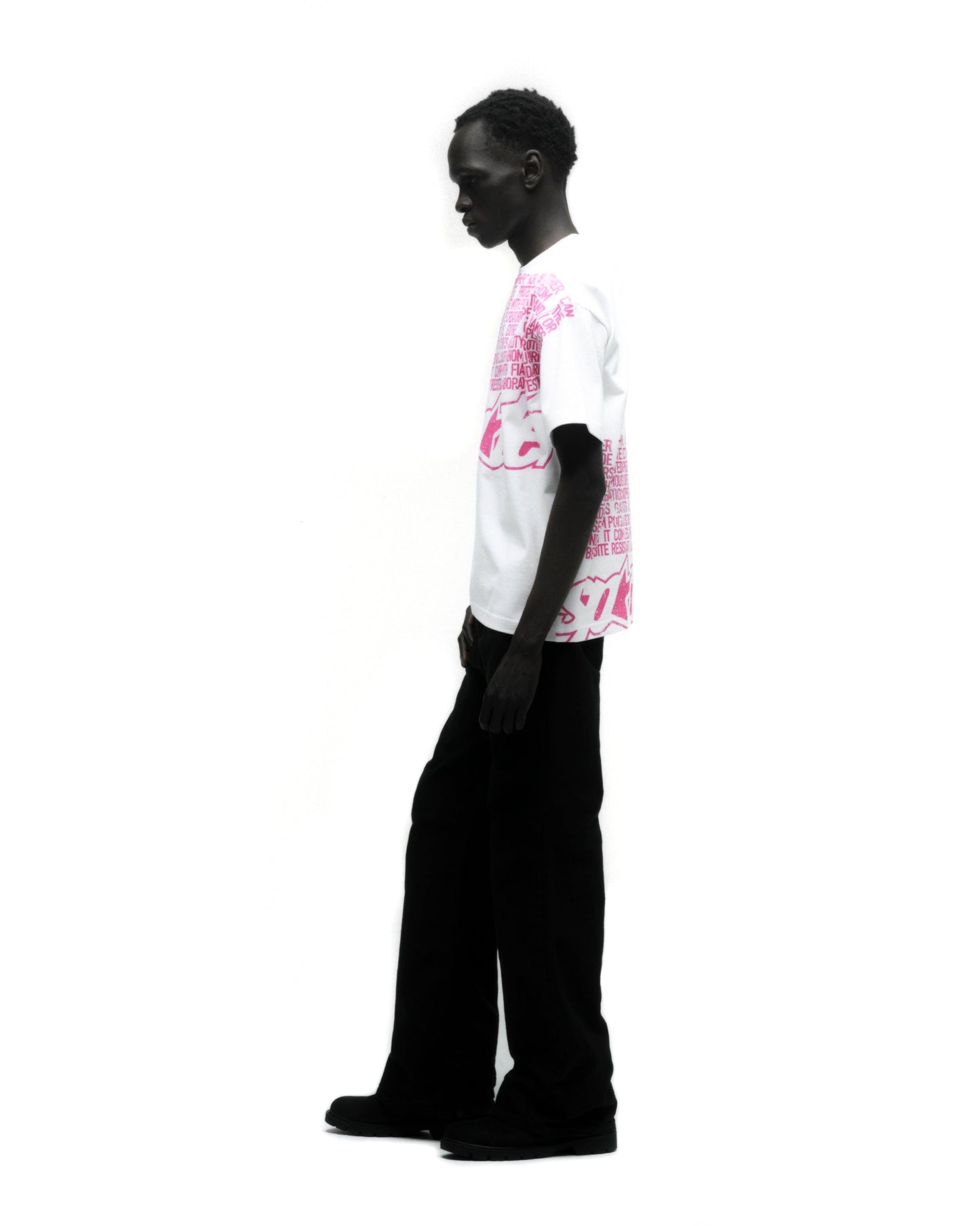 DISCLAIMER TEE ON MODEL