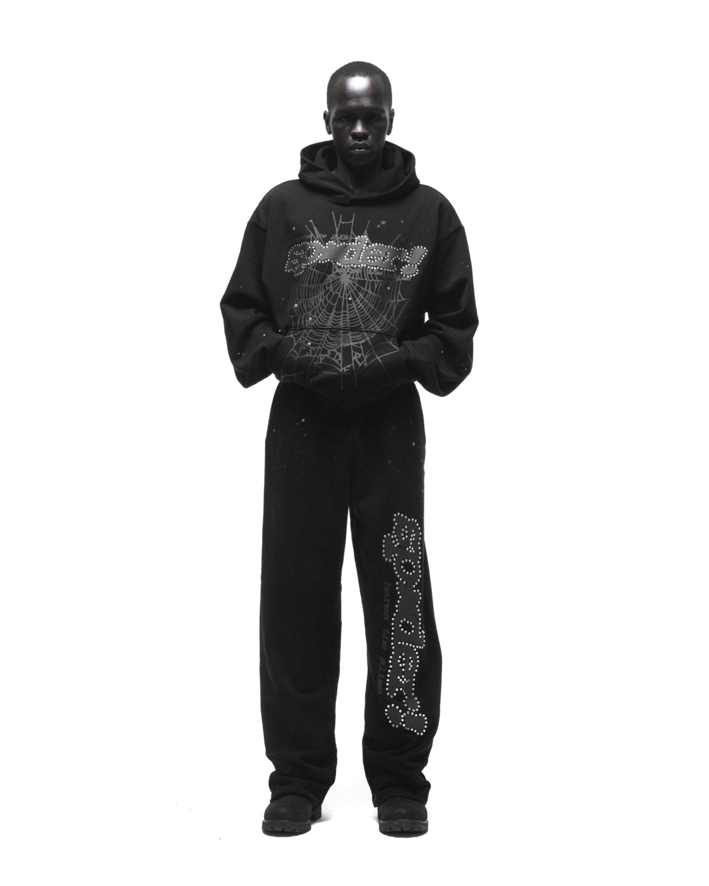 BLACK RHINESTONE PUNK V2 SWEATPANT ON MODEL