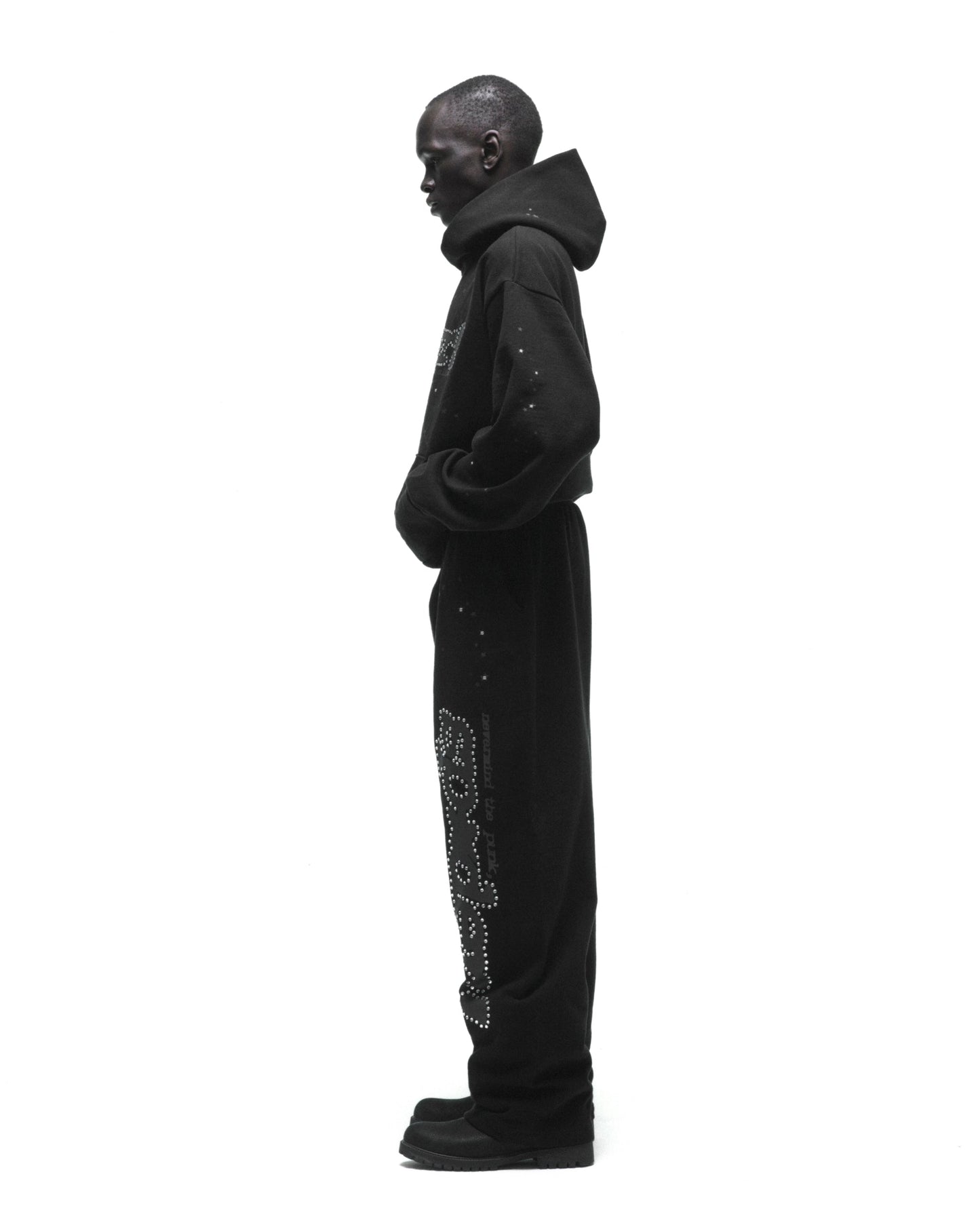 BLACK RHINESTONE PUNK V2 SWEATPANT ON MODEL