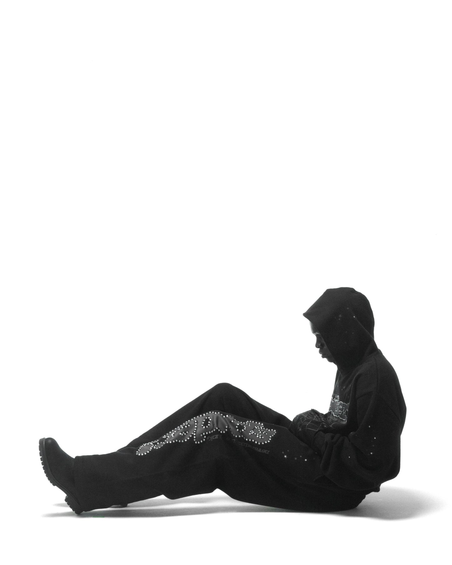 BLACK RHINESTONE PUNK V2 SWEATPANT ON MODEL