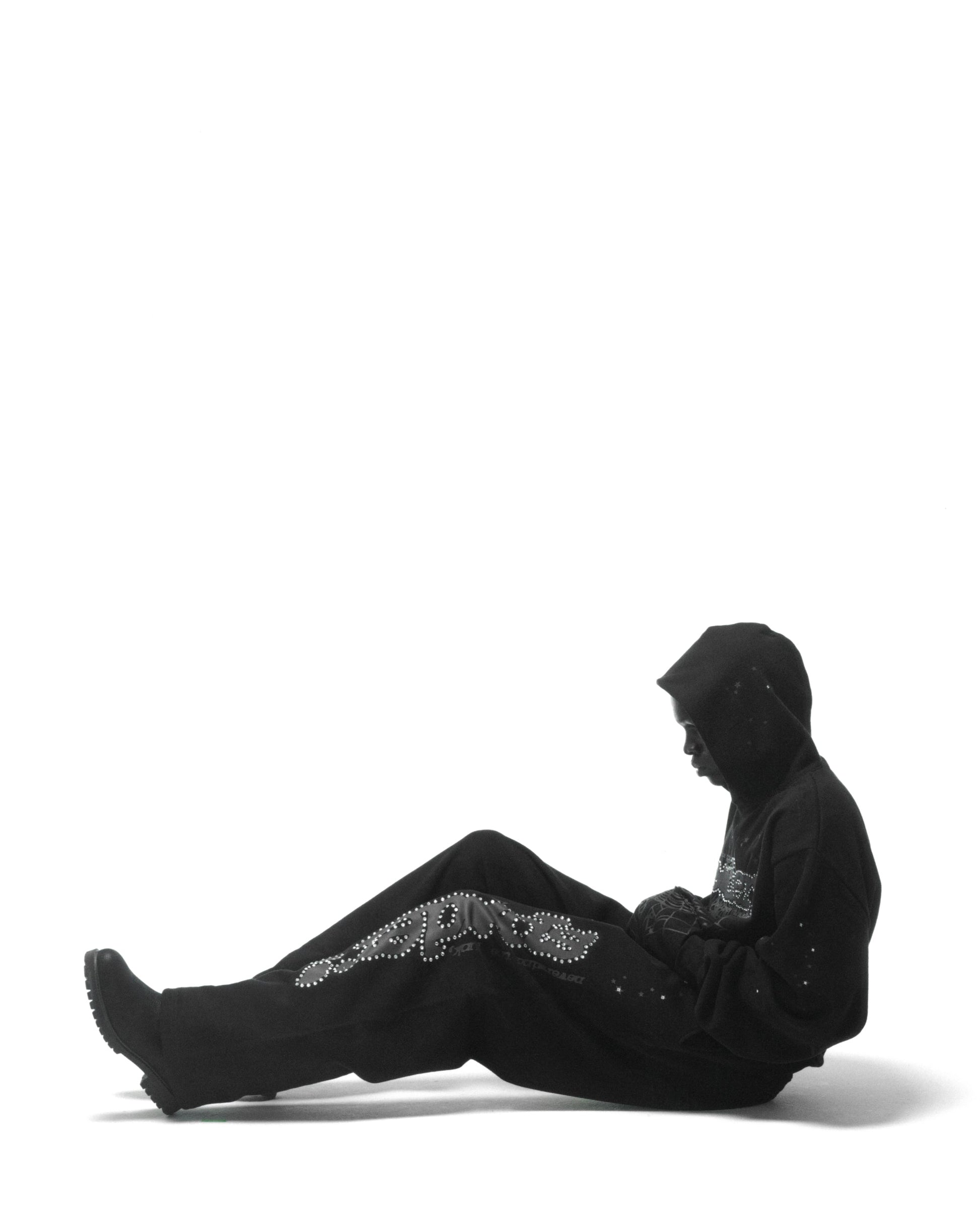 BLACK RHINESTONE PUNK V2 SWEATPANT ON MODEL