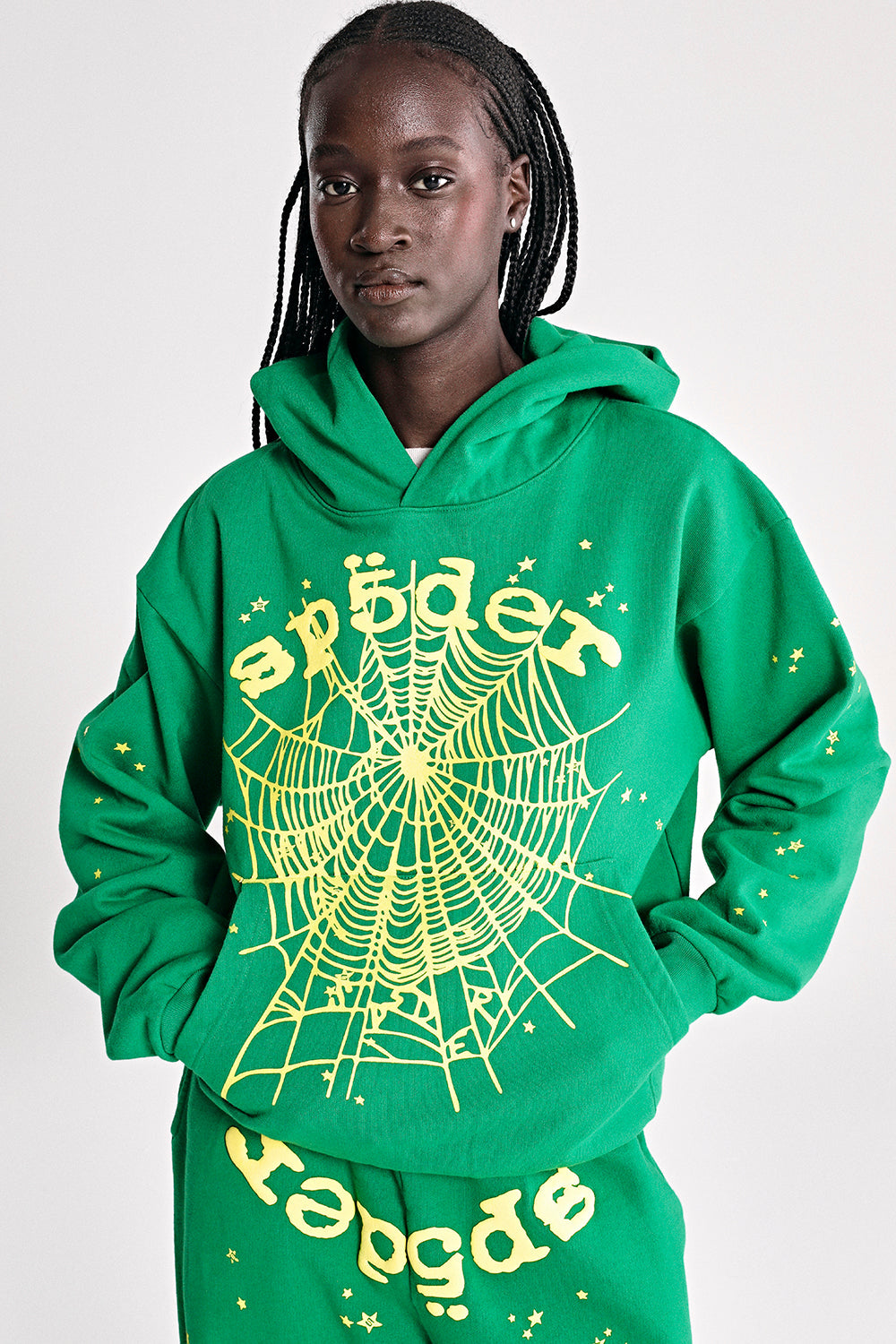 GREEN STAR OG WEB V2 HOODIE ON MODEL