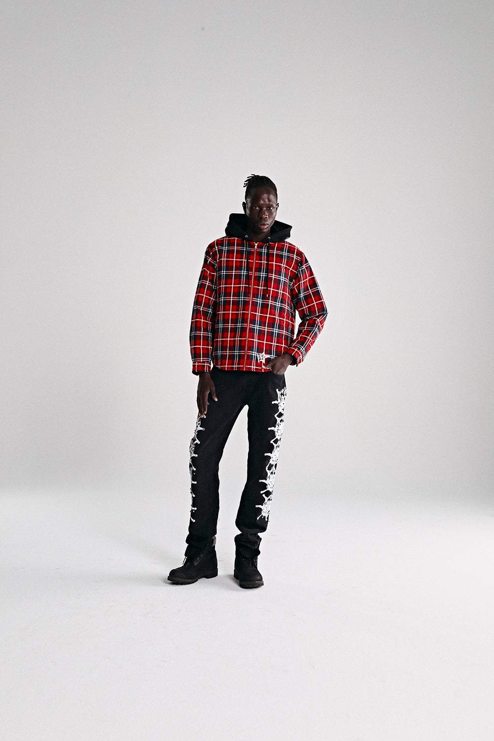 RED HOODED ZIP FLANNEL SHIRT JACKET ON MODEL