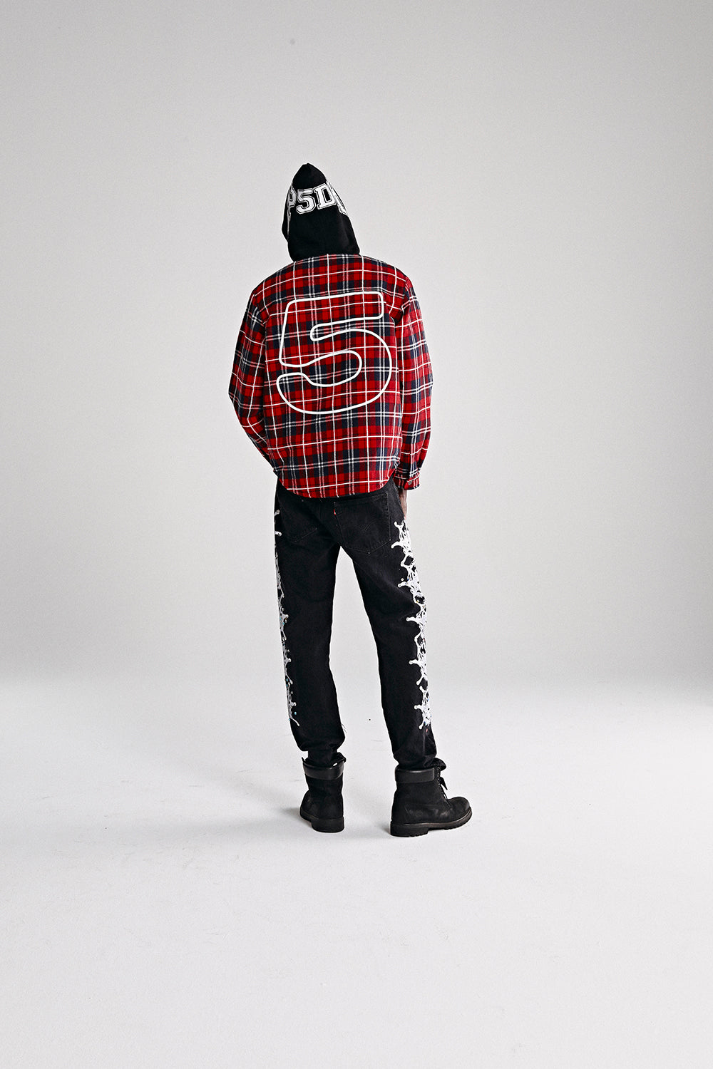 RED HOODED ZIP FLANNEL SHIRT JACKET ON MODEL