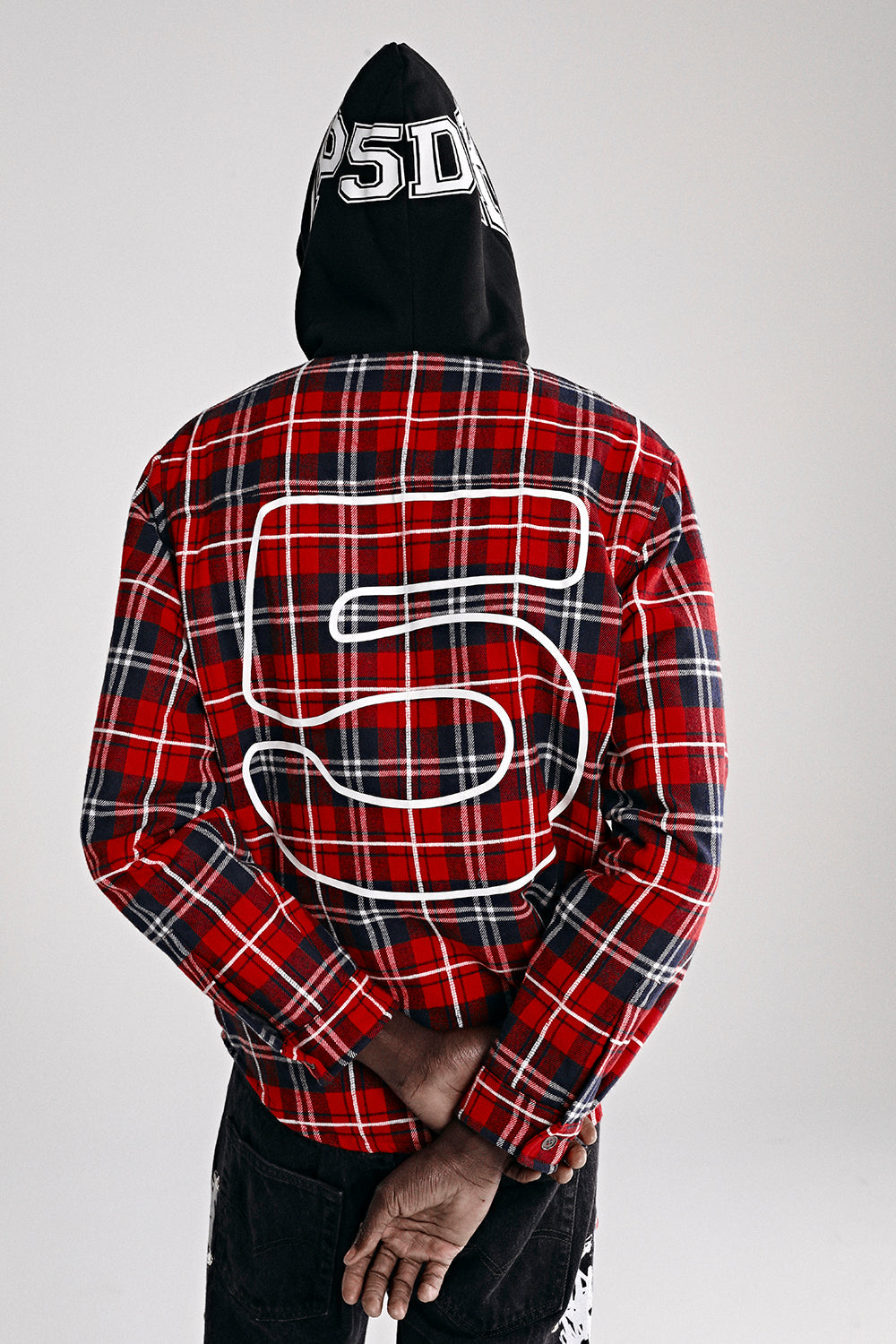 RED HOODED ZIP FLANNEL SHIRT JACKET ON MODEL