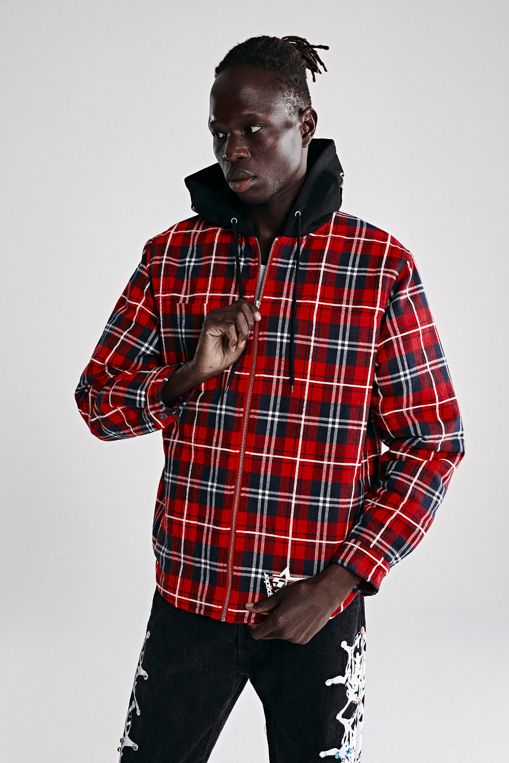 RED HOODED ZIP FLANNEL SHIRT JACKET ON MODEL