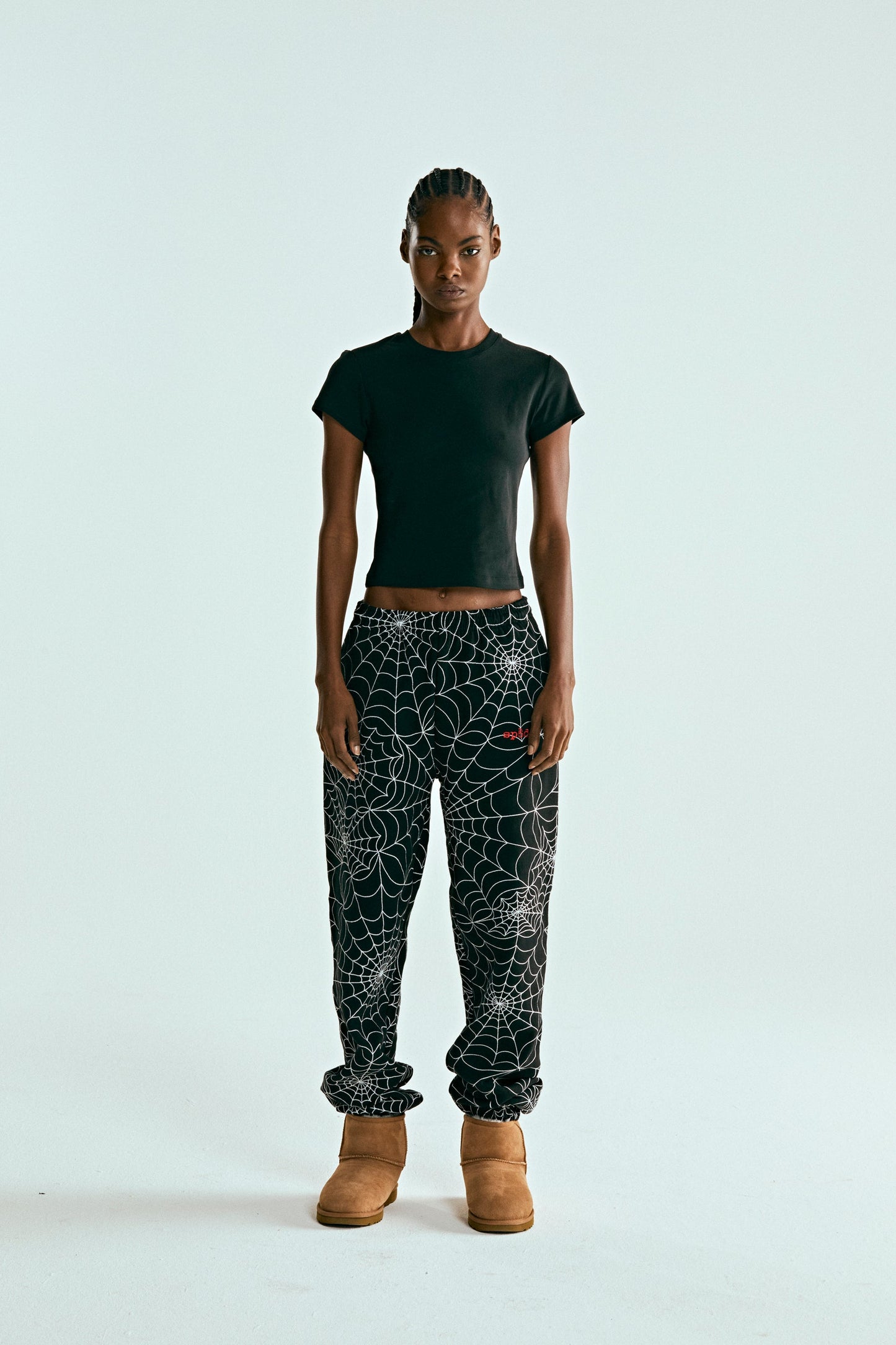 BLACK EMBROIDERED AOP SWEATPANT ON MODEL