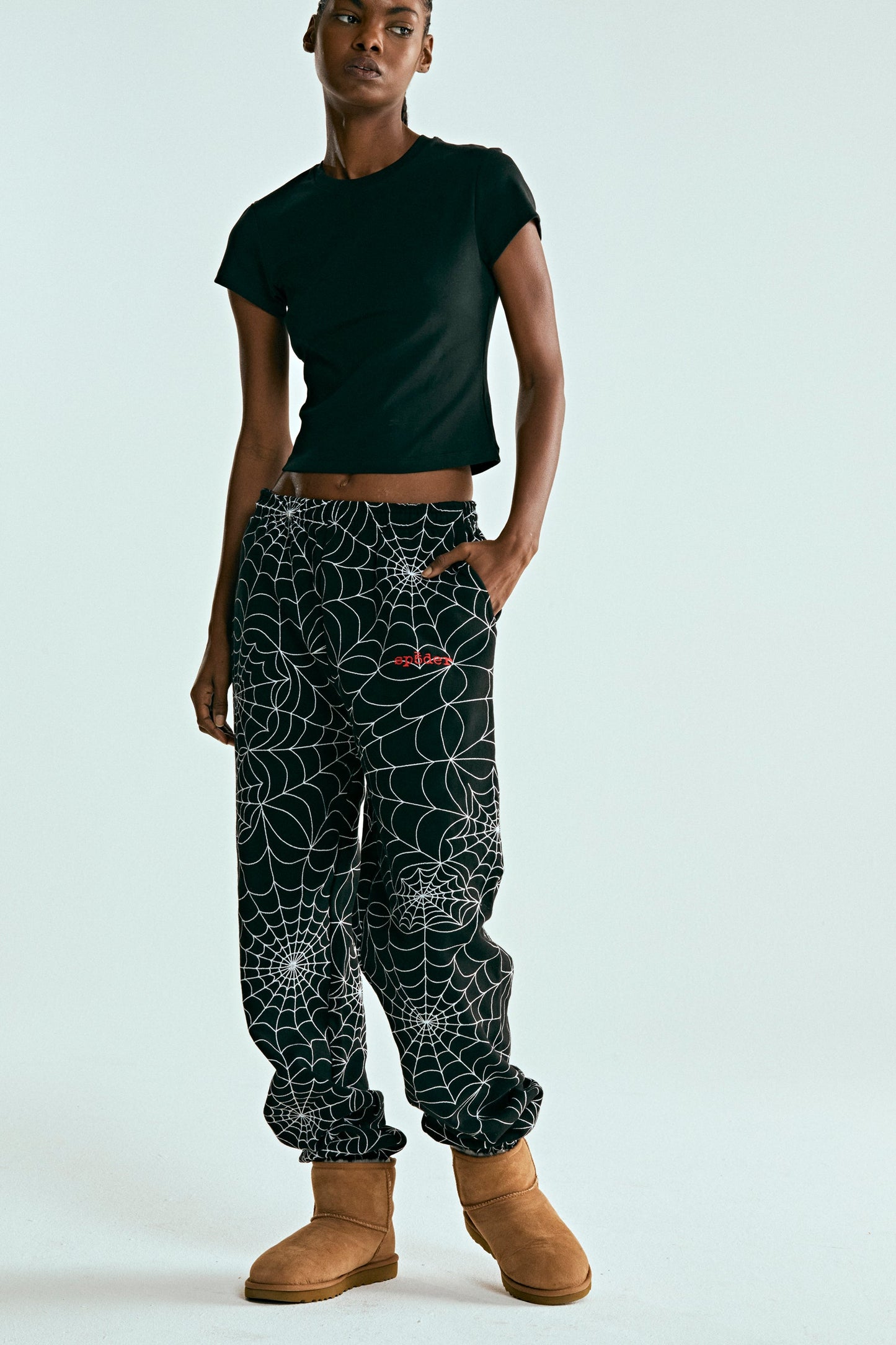 BLACK EMBROIDERED AOP SWEATPANT ON MODEL