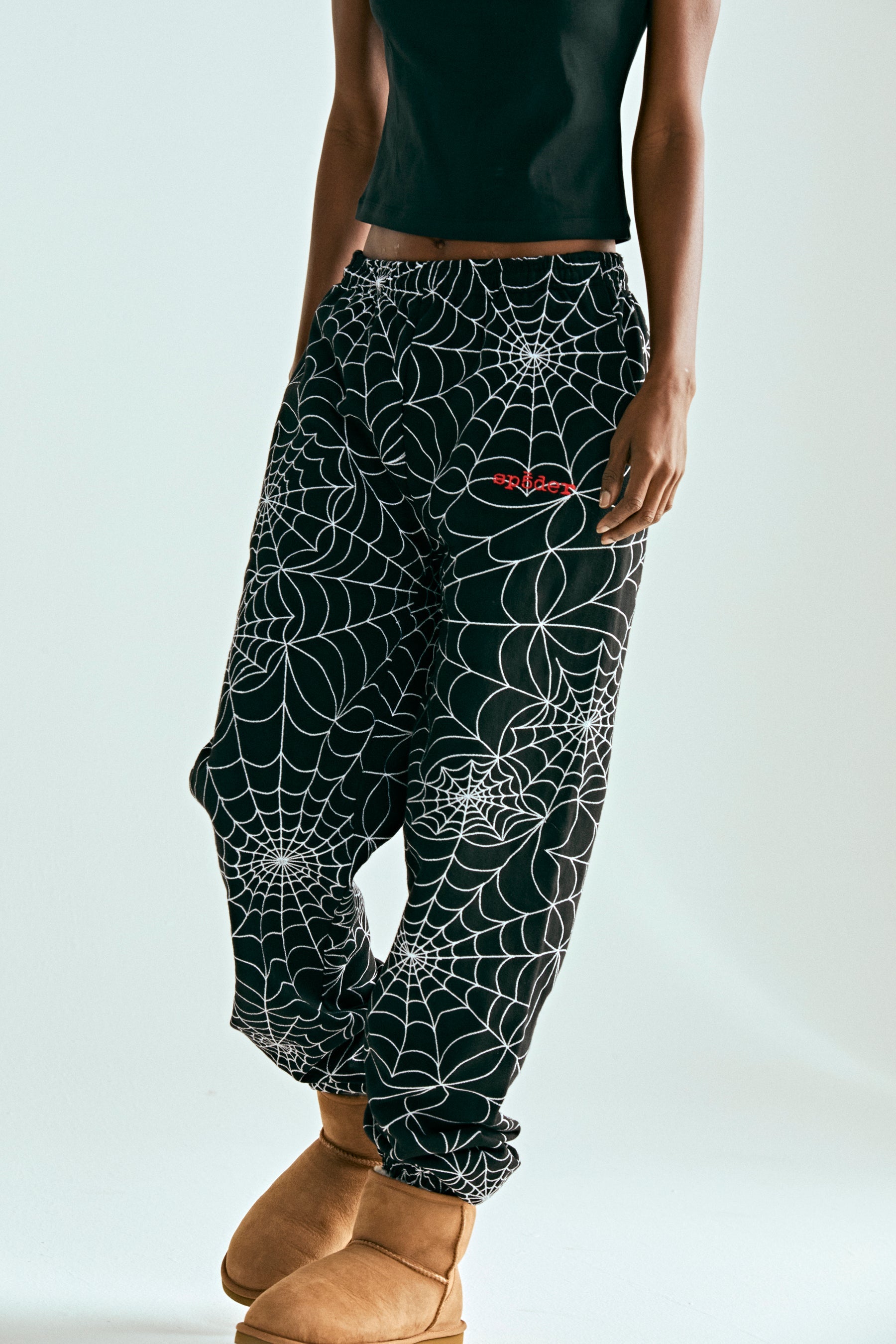 BLACK EMBROIDERED AOP SWEATPANT ON MODEL