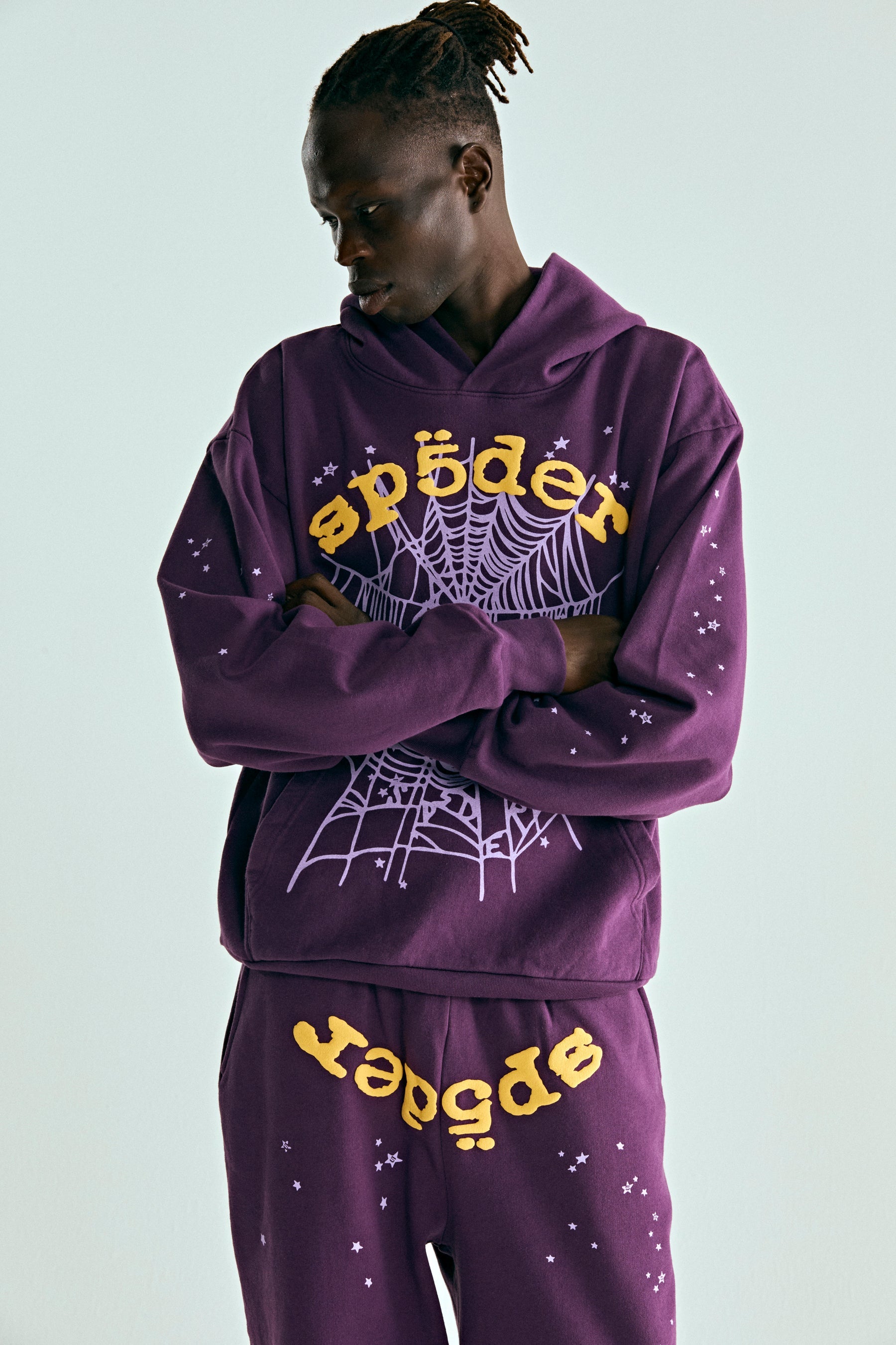 PURPLE STAR OG WEB V2 HOODIE ON MODEL