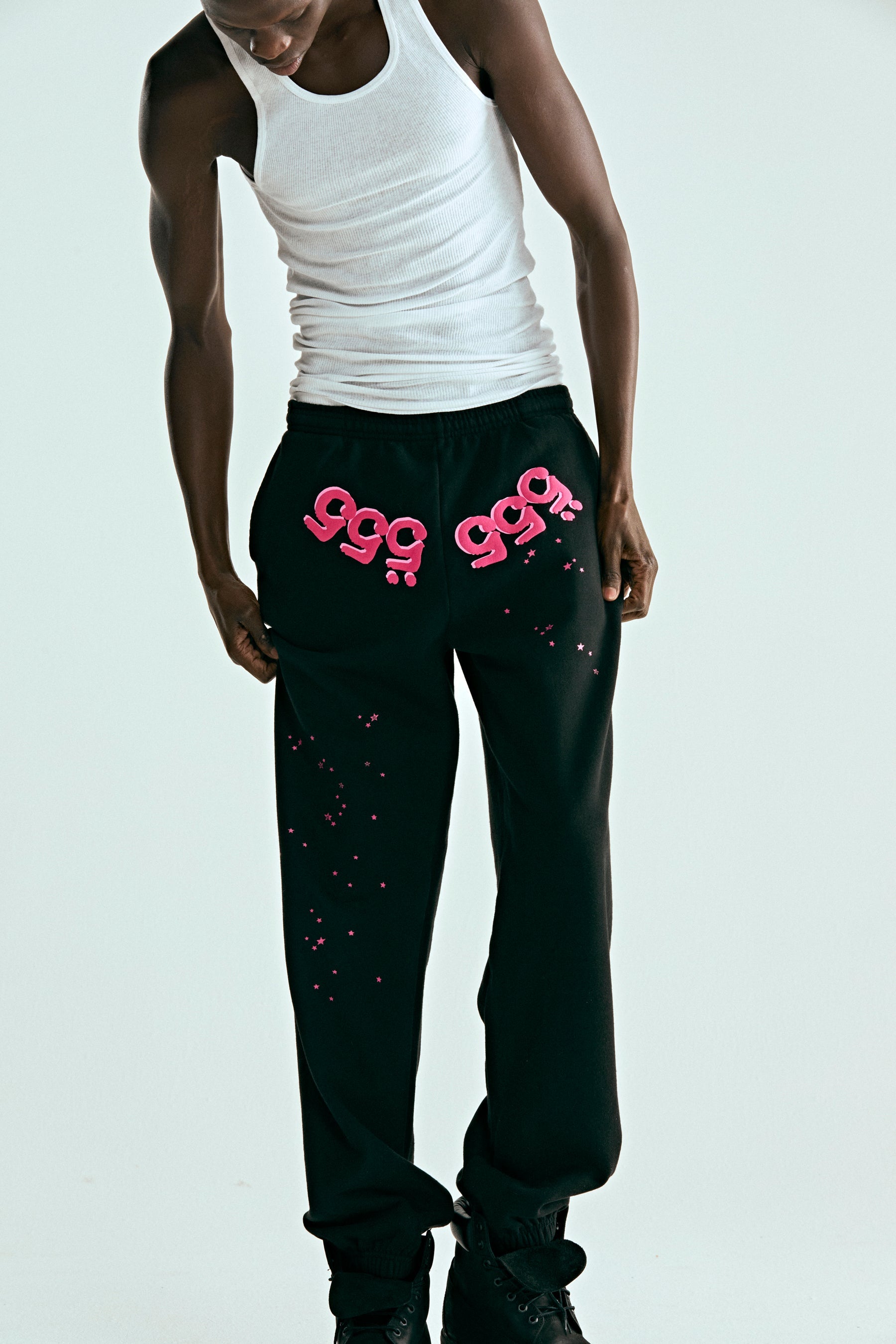 BLACK ANGEL NUMBER SWEATPANT ON MODEL