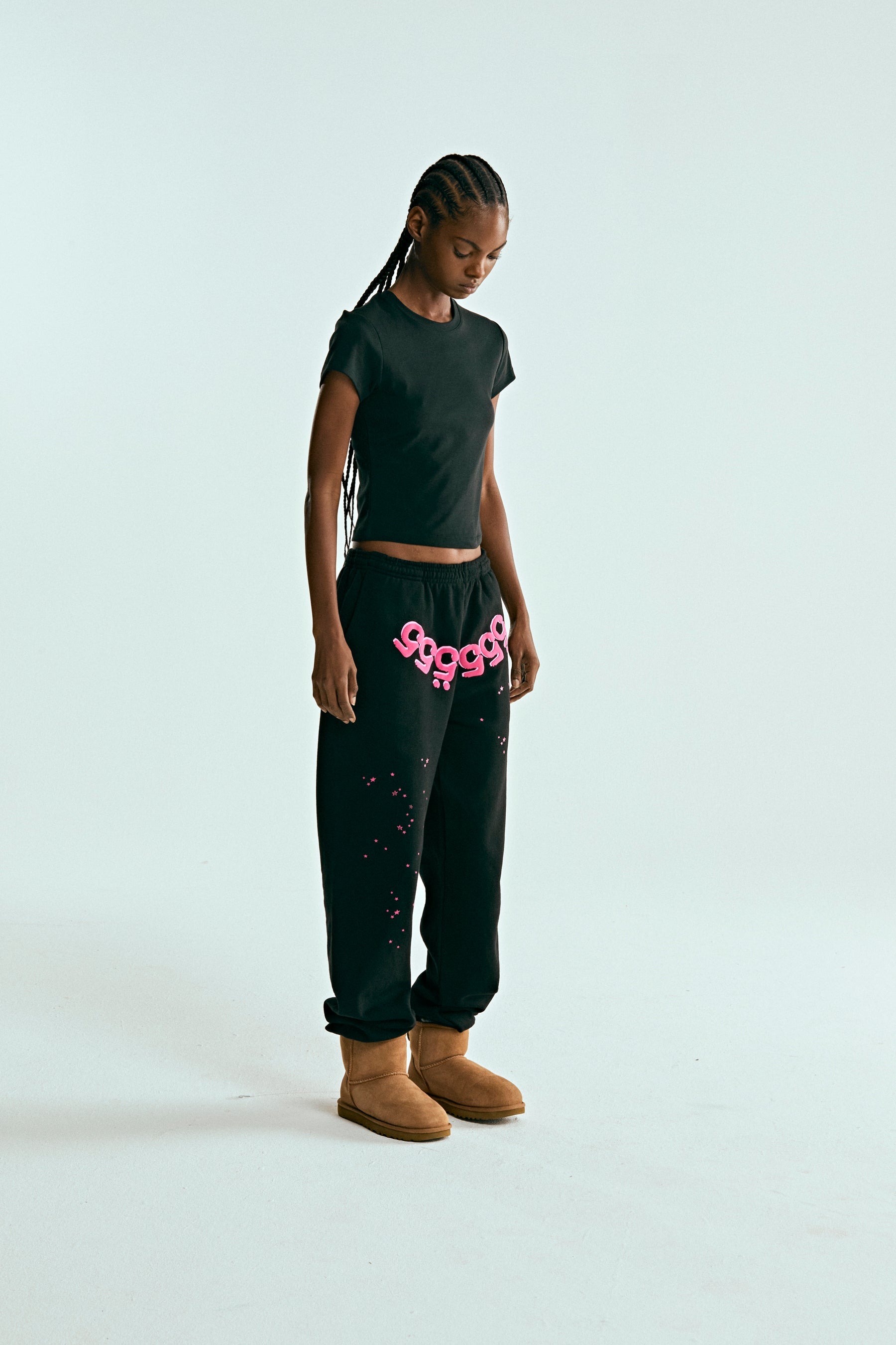 BLACK ANGEL NUMBER SWEATPANT ON MODEL