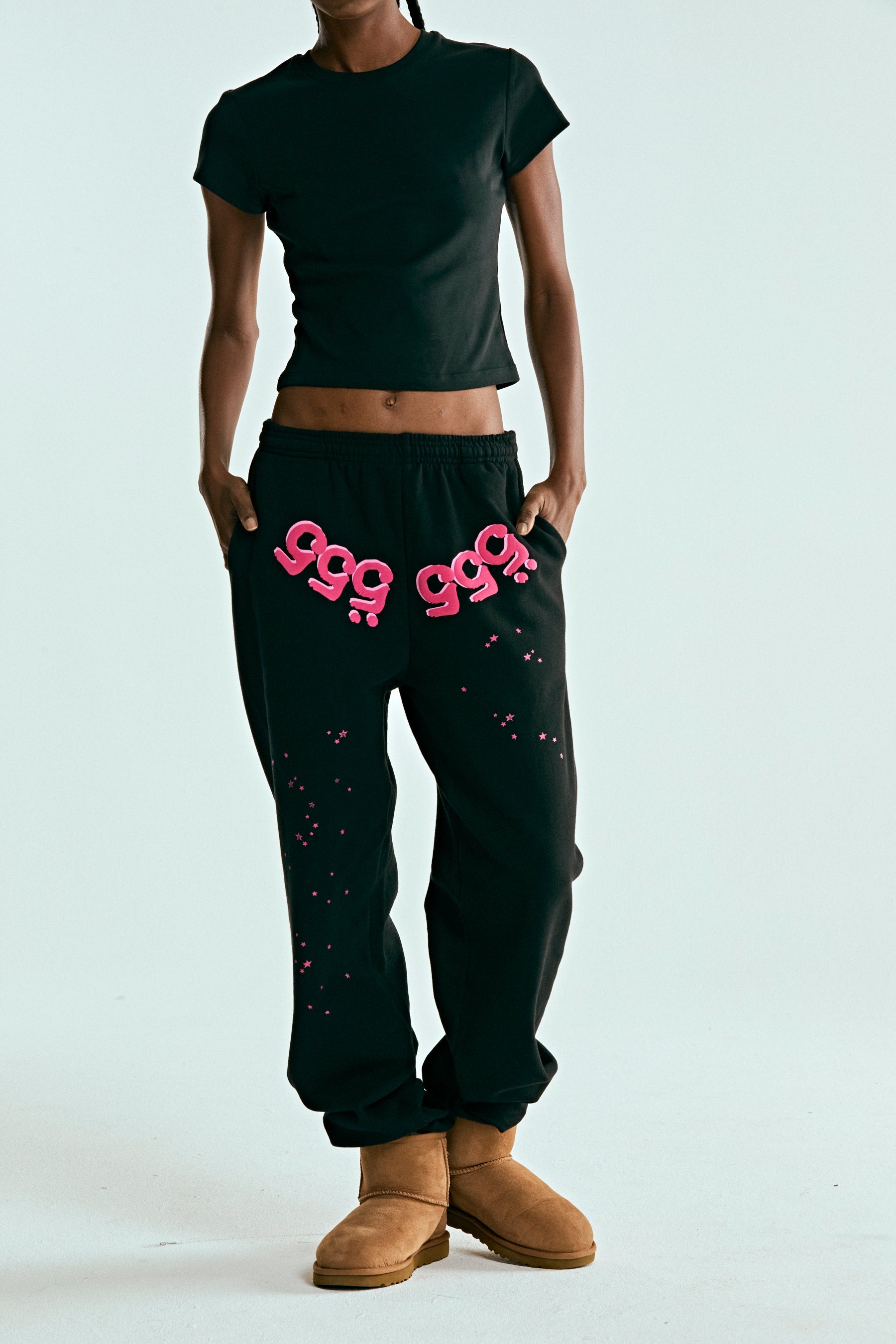 BLACK ANGEL NUMBER SWEATPANT ON MODEL