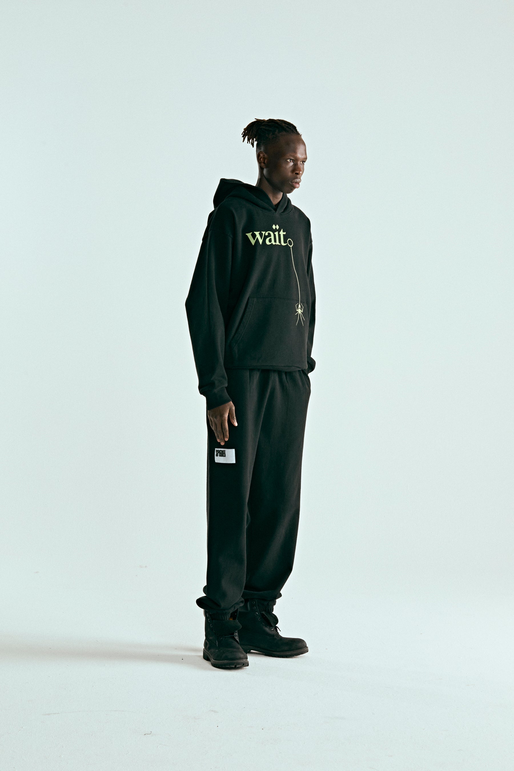 BLACK WAIT HOODIE ON MODEL