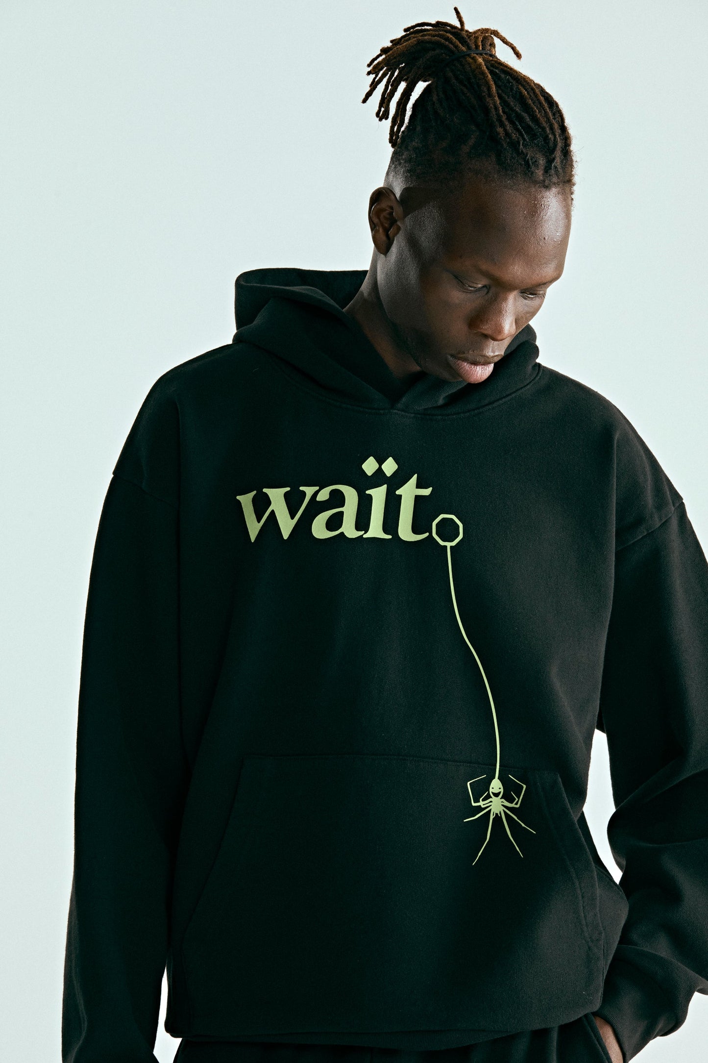 BLACK WAIT HOODIE ON MODEL