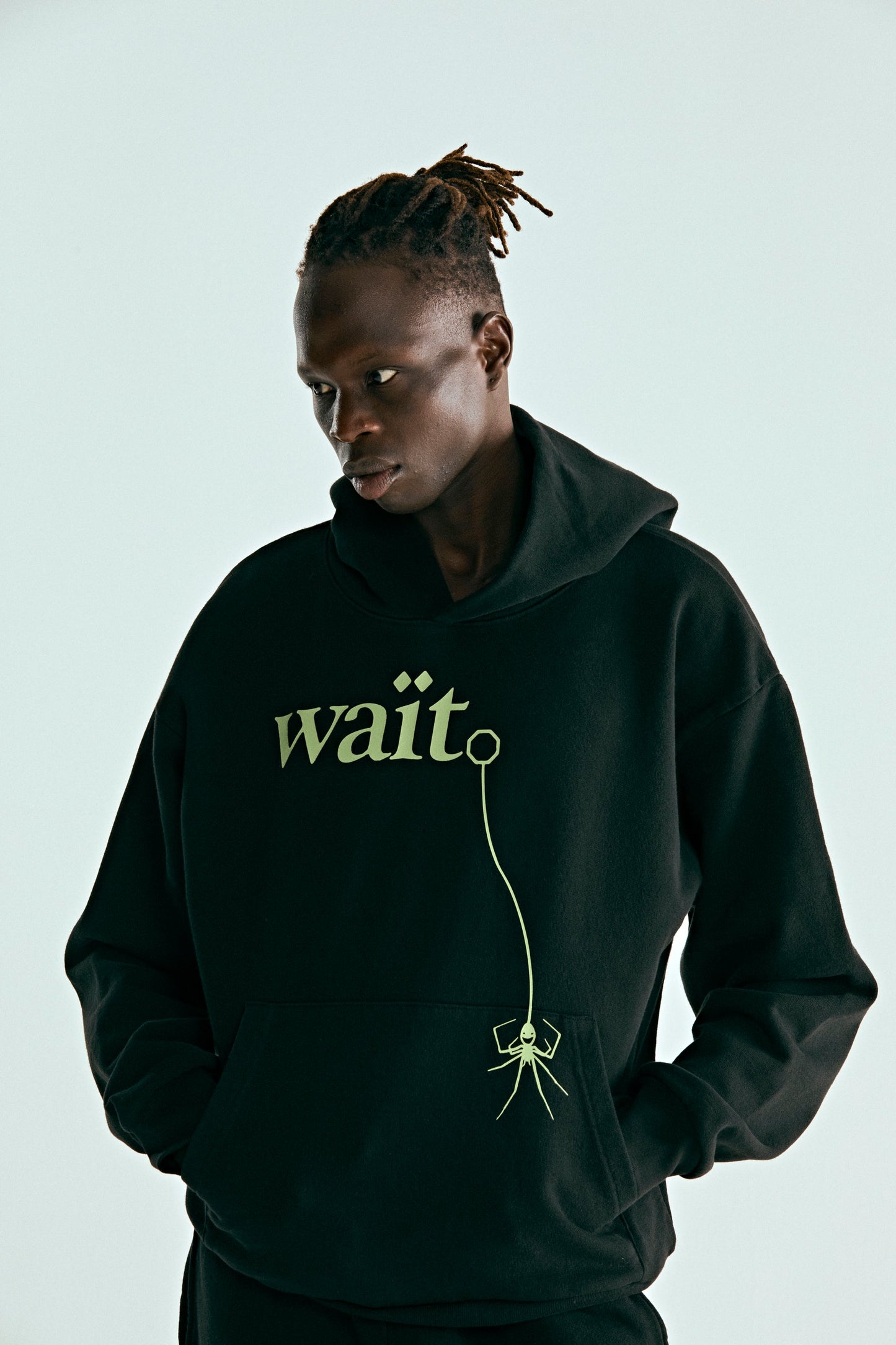 BLACK WAIT HOODIE ON MODEL