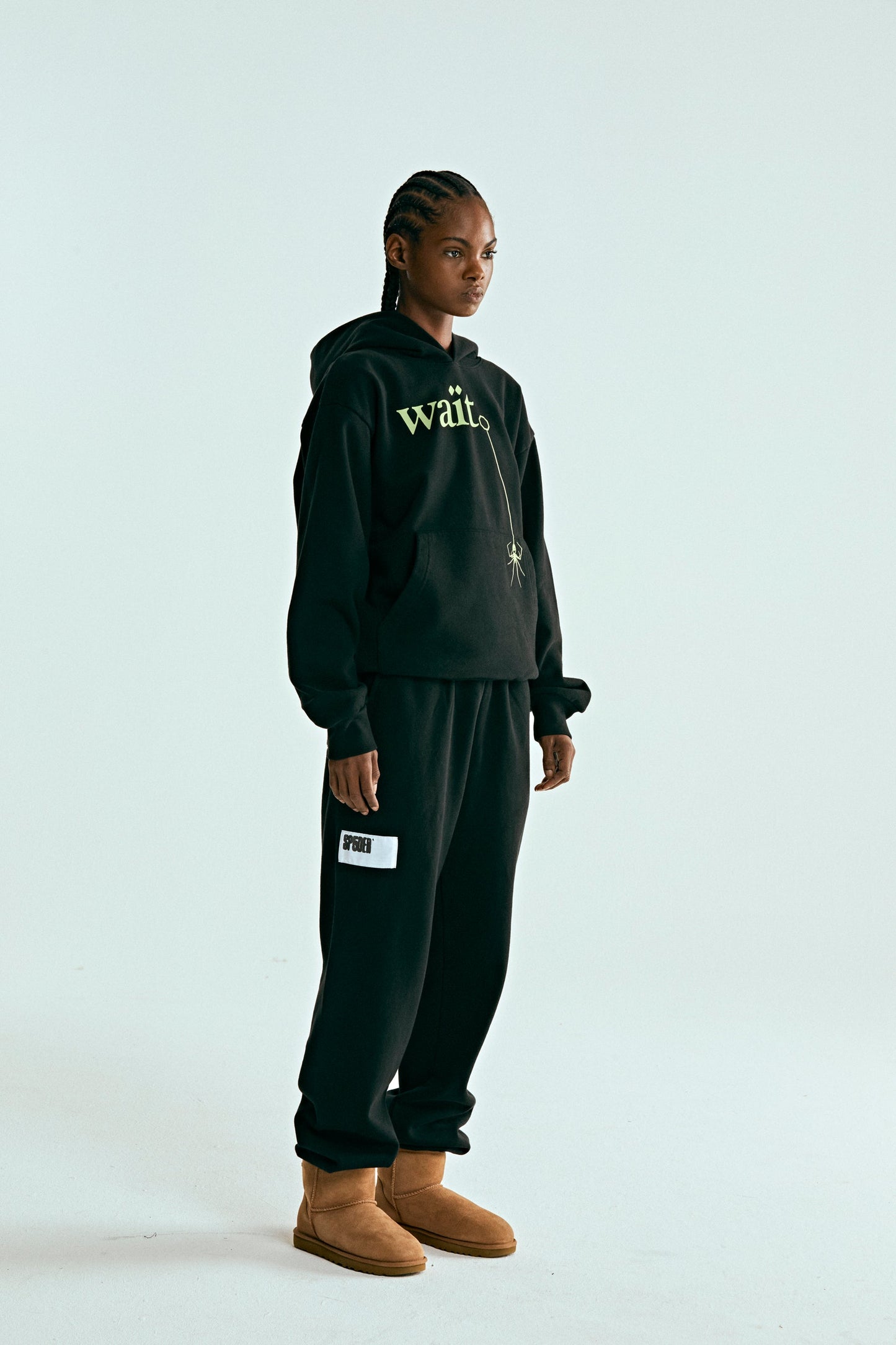 BLACK WAIT HOODIE ON MODEL