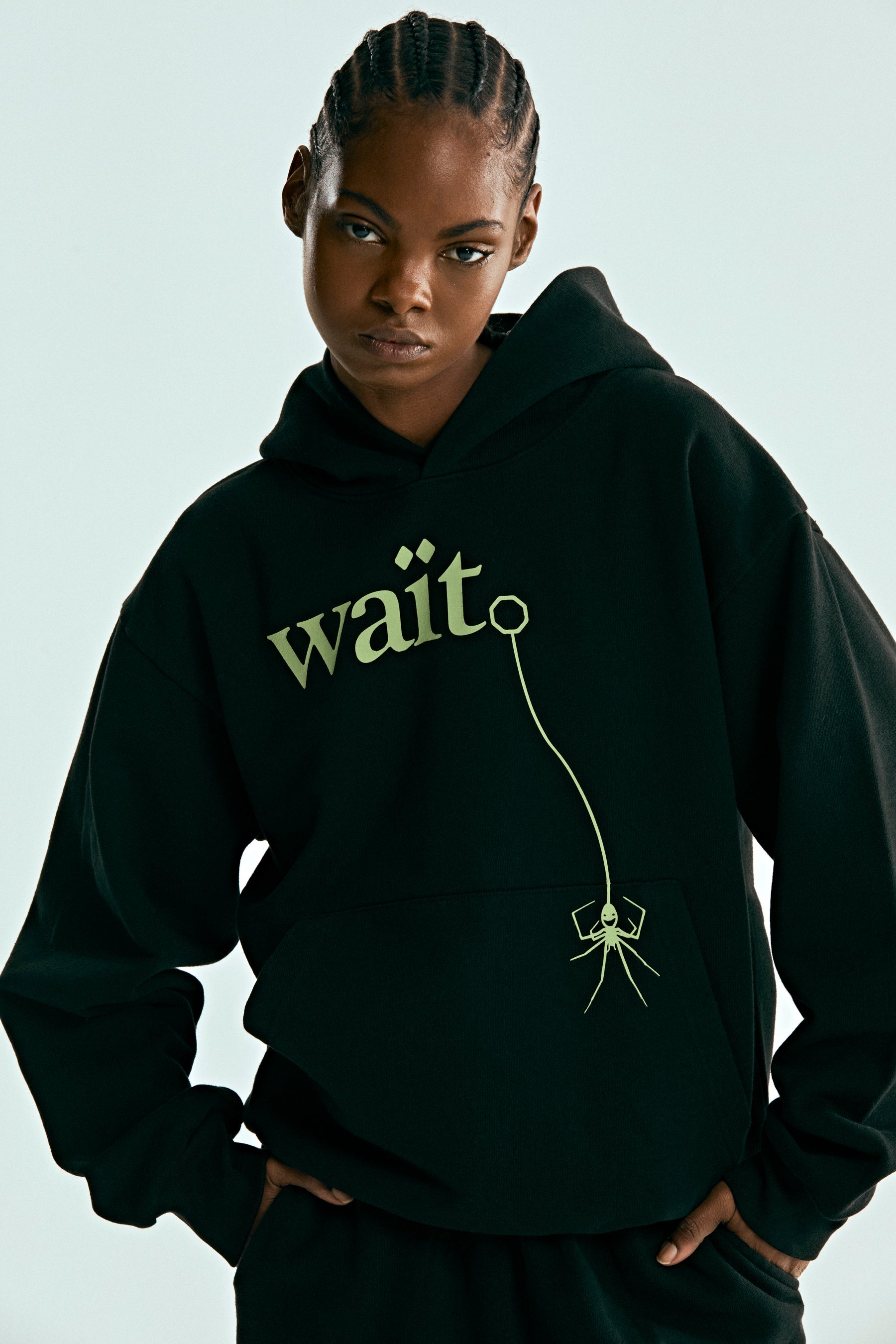 BLACK WAIT HOODIE ON MODEL