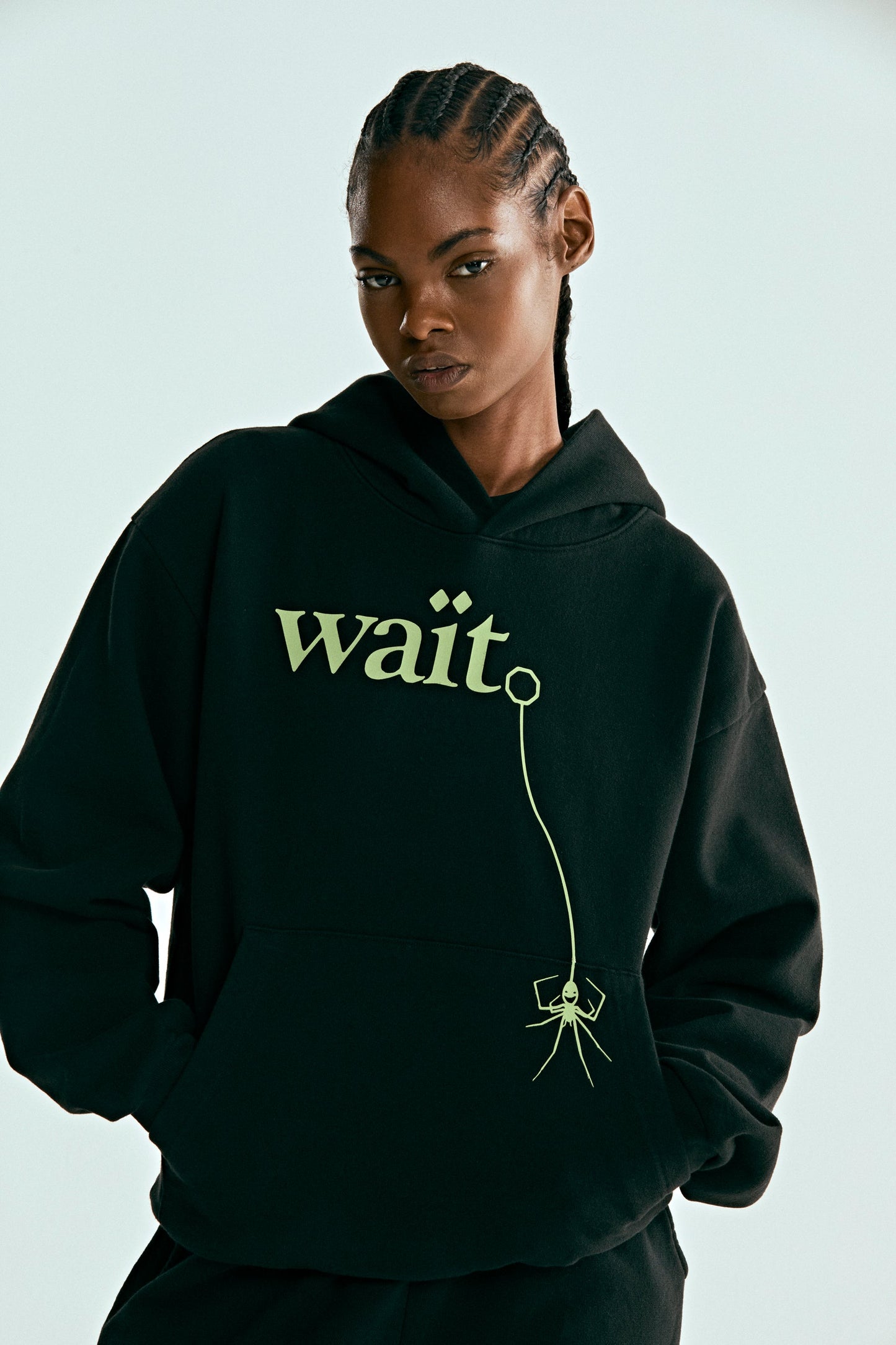 BLACK WAIT HOODIE ON MODEL