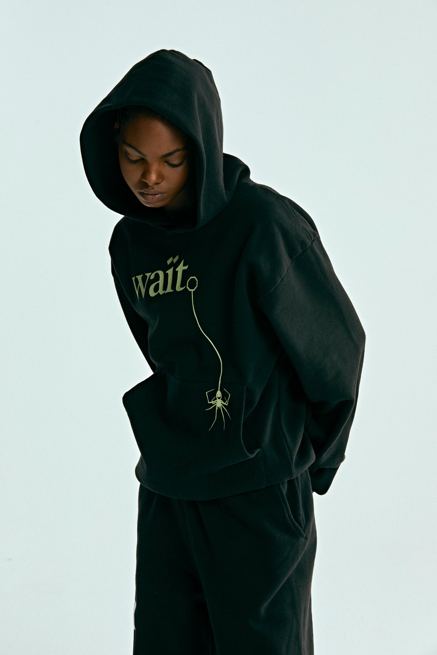 BLACK WAIT HOODIE ON MODEL