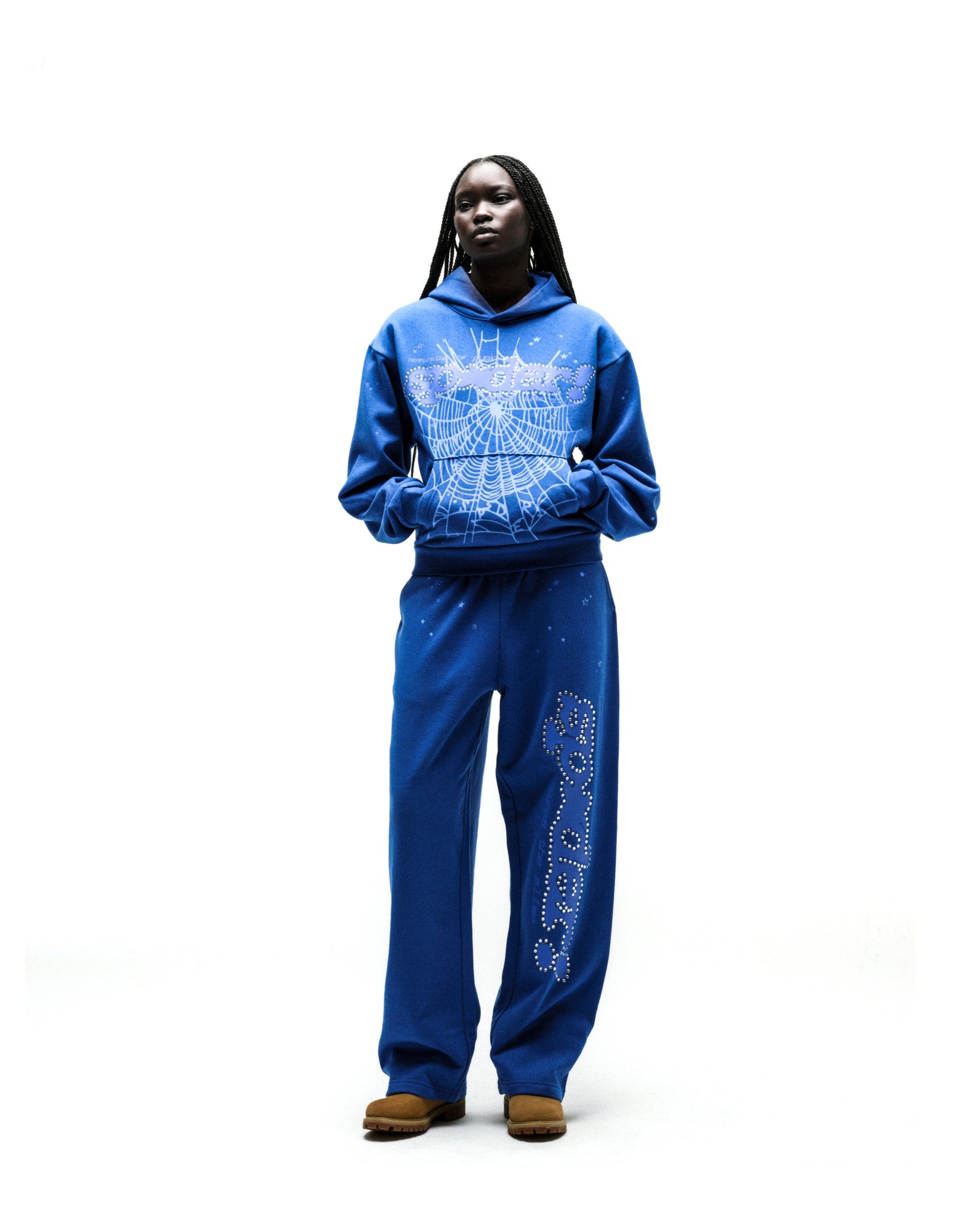 Blue cotton fleece RHINESTONE PUNK V2 hoodie and sweatpants with SP5DER motif and web.